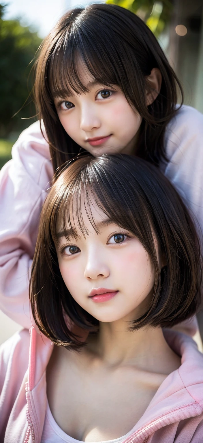 2 girls, Shoot from below, Looking at the camera, Naked body, pink hoodie, A slender, Kissing face, idolface, Neat face, Blur the background, bob cuts, Colossal tits, 14years,  Lori, A smile, ​masterpiece, top-quality, Raw photo, Photorealsitic, beautiful a girl, cute little, shorth hair, depth of fields, hight resolution, ultra-detailliert, finely detail, ighly detailed, ighly detailedな目と顔, Sharp pupils, Cinematic lighting