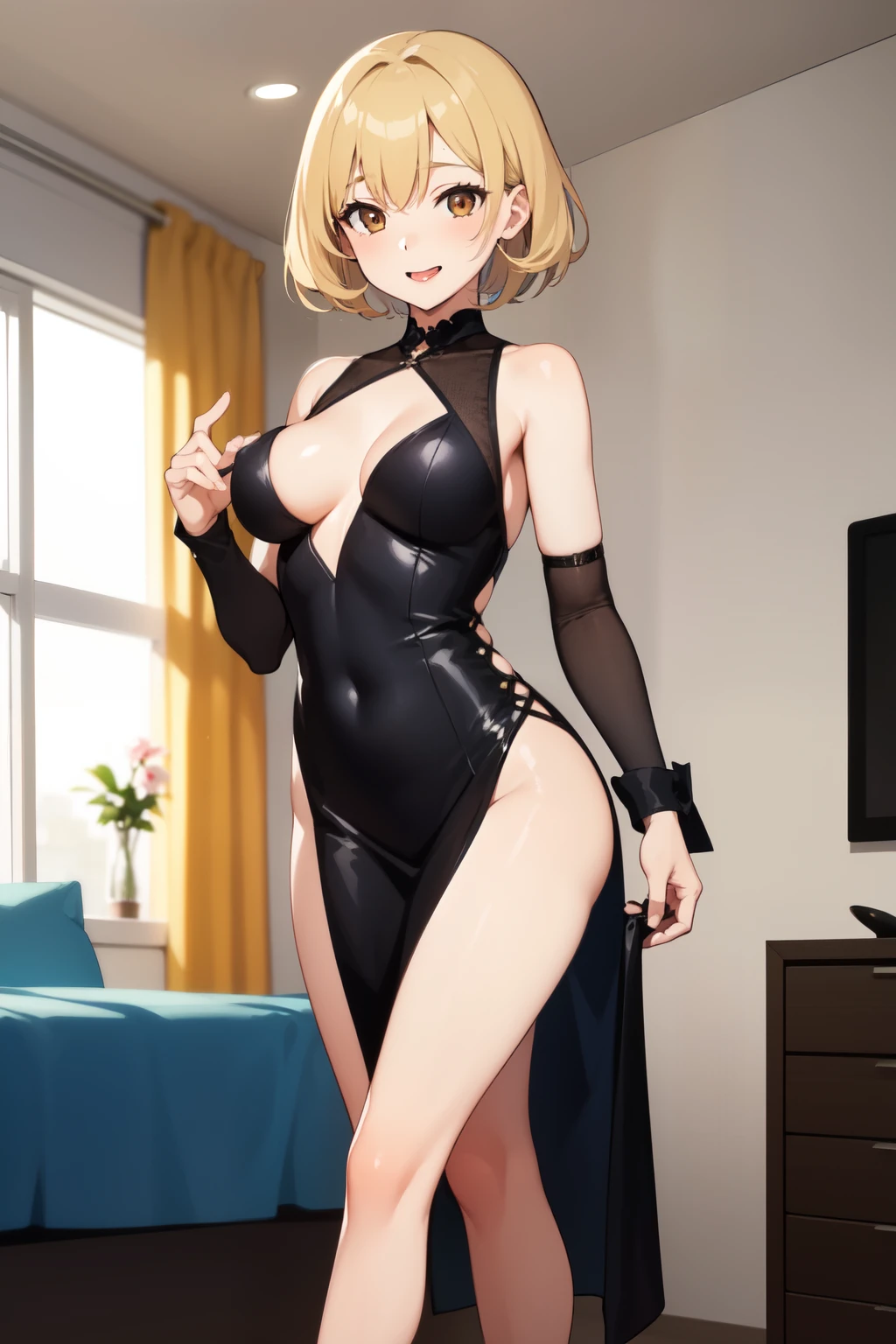 1 girl, solo, seductive, short blonde hair, brown eyes, wearing a little black dress, blackdresslora, room, sexy legs, sexy pose, standing up, medium breast, Smile, mouth open,