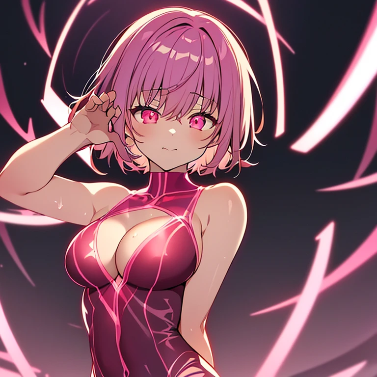 animestyle, closed_eyes, (glowing:1.7), sexy_pose, henshin_pose, akane shinjou, 1girl, solo, young woman, , short hair, crimson eyes, large_breasts, completely_nude, ((transparent pink see-through light bands wrapped around body, skindetation)), ((red leotard, cleavage, bare_shoulders:1.3)),