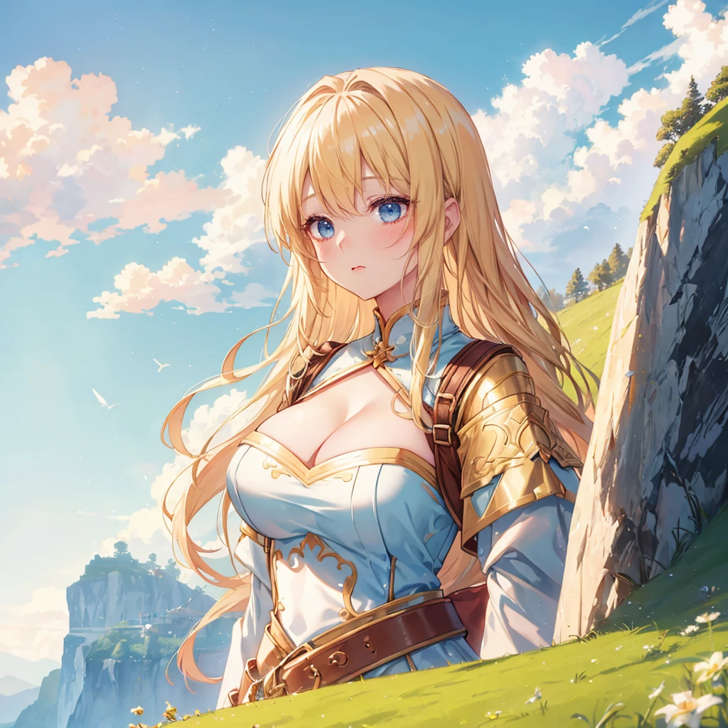 (a giantess in front of tiny army on a tiny cliff: 1.2), (giantess looming over a tiny army on a tiny cliff), (castles background), (giantess:1.4), shimmering blonde hair, (tiny crowds on a cliff:1.5), (rear fantasy, very detailed, beautiful, professionally drawn, huge breasts, cleavage, (:3:1.1), happy, (excited:1.1), (crowds:1.2), huge breasts, cleavage