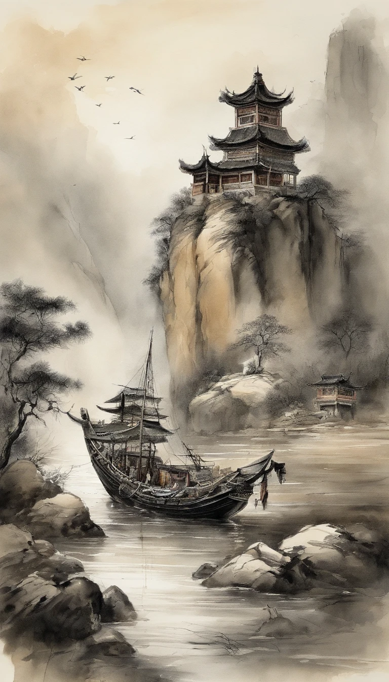 Chinese landscape painting,ink and watercolor painting,water ink,ink,stains,See away,Ultra-wide viewing angle,meticulous,Light boat in the distance,See away,meticulous,stains,heavy and violent,Low saturation,low contrast,The light ship that crossed Ten Thousand Mountains is beautifully drawn.,A detailed,acurate,The master's work,tmasterpiece