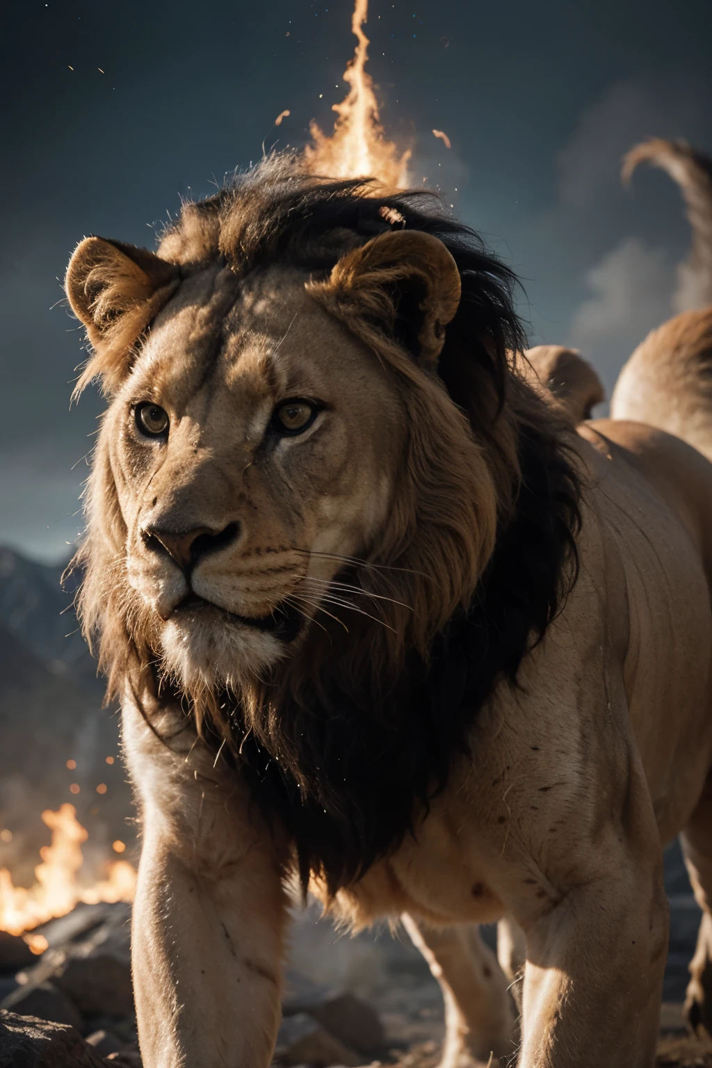 A legendary lion emerges as the embodiment of nature's fury. His face is the purest expression of strength, power, admiration and inspiration. His yellow eyes like blades of fire. The presence of the lion inspires awe and fear, as it harnesses the power of nature itself. The lion reigns supreme, epic, cataclysmic and transcendent, evoking the power of his ancestors. Style: Ultra-realistic digital painting with intricate details and a dynamic interplay of colors. Execution: Rendered in a hyper-realistic style, using advanced digital techniques to capture the animal's expression of strength, power and celestial energy.