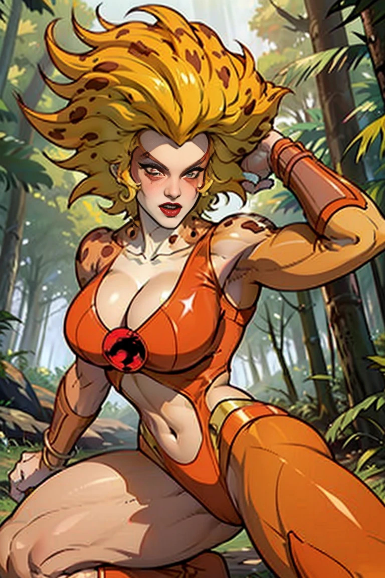 (High quality, best rendering), cheetara from thundercats toon, gigantic cleavage breasts, psychopath, Crazy face, Sexy pose, latex outfit, tight top, Pastel, Centered, Scale to fit the dimensions, Miniature tong, Pubic hair is exposed,camel-toe, fast, running, in the forest ,