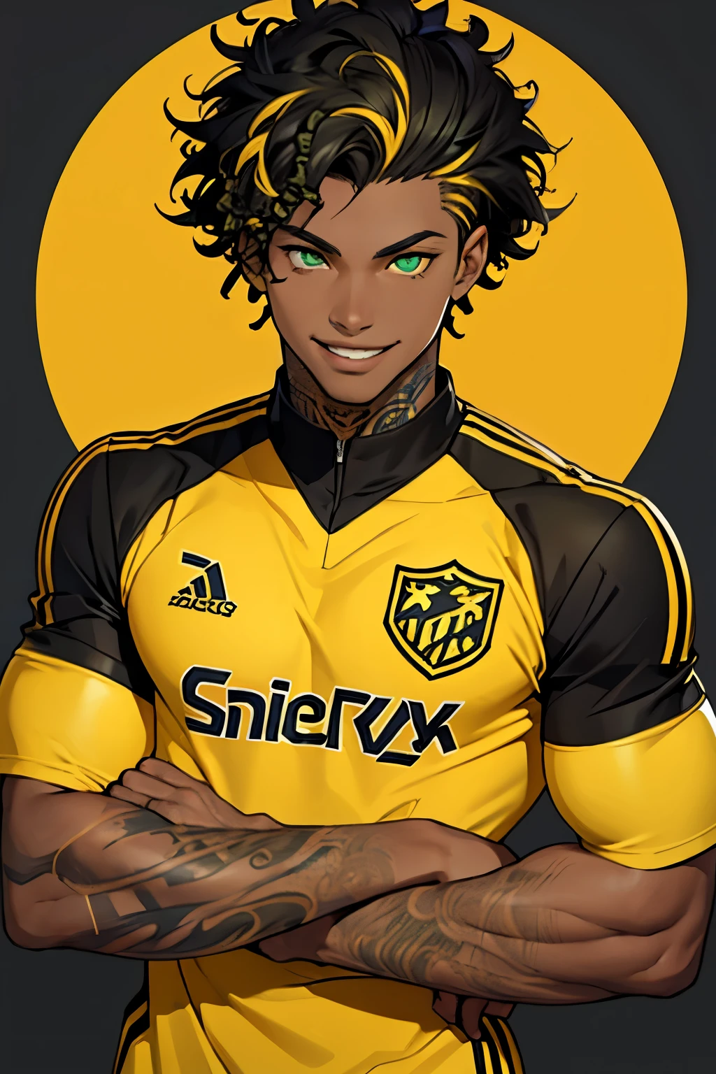 Black young man, black and yellow hair, soccer player uniform, smile, Tall, Beautiful green eyes, short hair, curly hair, arm tattoo