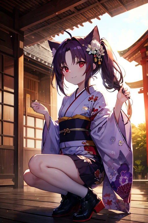 masterpiece, high resolution, high quality, black kimono, purple hair ornament, big, cat ears, floral pattern, red eyes, NSFW, black hair, ponytail, seduction,