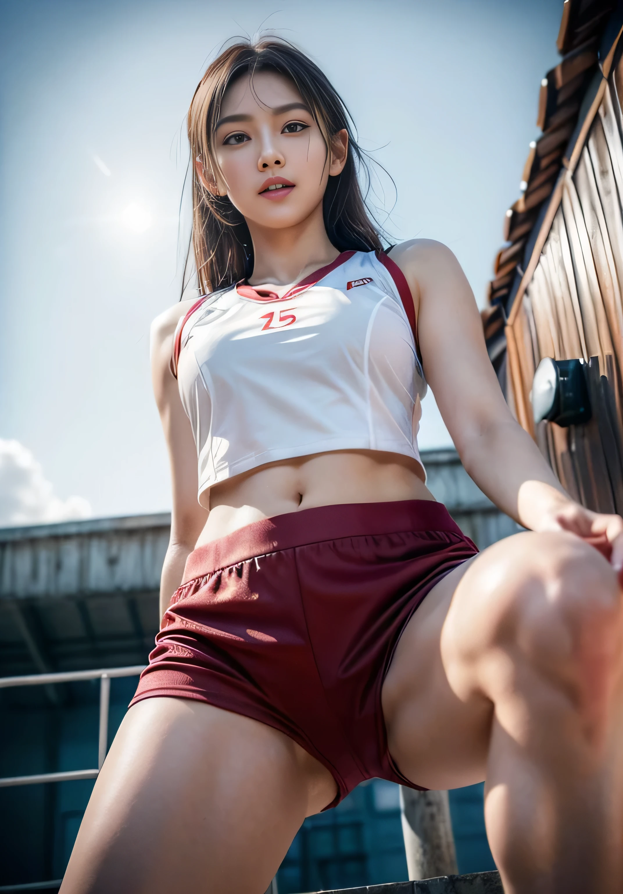 (((Open your crotch and take a photo from below)))、(Crotch enlargement:1.5)Close up with crotch emphasis、Open crotch、(Large Majora Meat Wall:1.5)、A smile、best qualtiy, Full body like,refined face,kawaii faces,Young Woman,slimfigure,Smaller bust,Volleyball Club Uniforms、Tight bloomers、Outdoor Scene,(Accurate and perfect face:1.3),(Long legs:1.3),Cinematic lighting, masutepiece, super detailing, High quality, high detailing, Best Quality, K,High contrast、White background、Sweaty all over