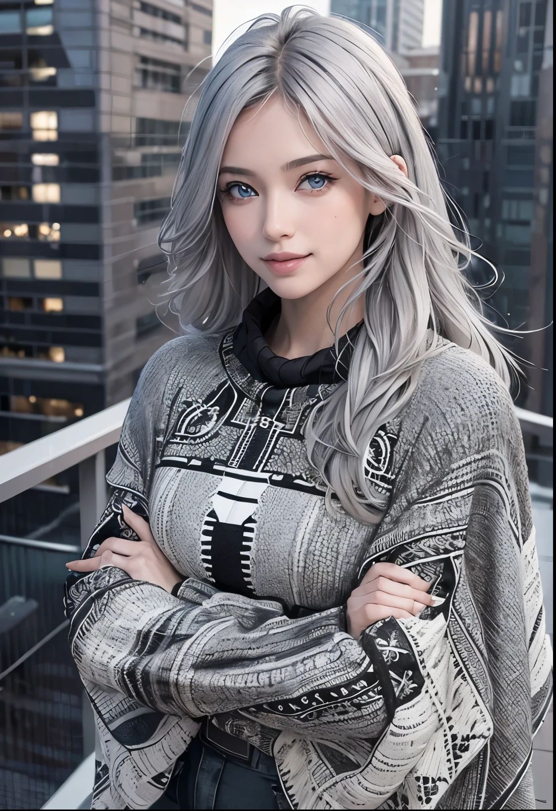 Cute girl with long gray hair and blue eyes in a city, realistic