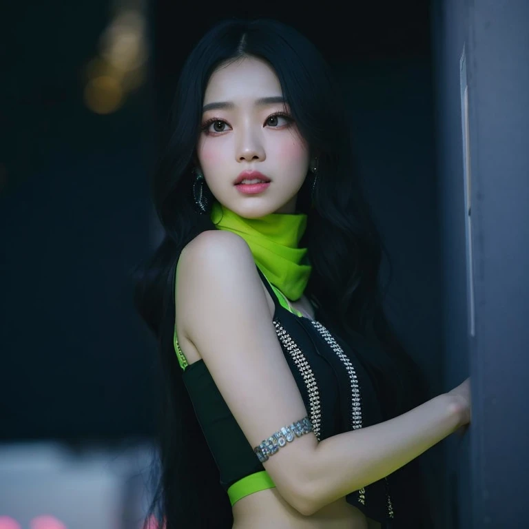 a close-up of a woman in a black blouse and green scarf, Jaeyeon Nam, Retrato Jisoo Blackpink, Jinyoung Canela, Jisoo do Blackpink, Sha Xi, jisoo do blackpink, Heonhwa Choe, Retrato de Jossi de Blackpink, jia, Portrait of female Korean idol, Jiyun Chae, TaeJune Kim, Dom Yunjoo, Gongbi