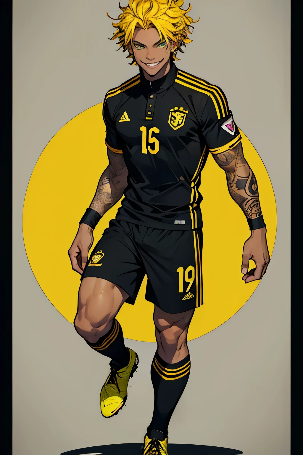 Black young man, black and yellow hair, soccer player uniform, smile, Tall, Beautiful green eyes, short hair, curly hair, arm tattoo, evil eyes, evil smile
