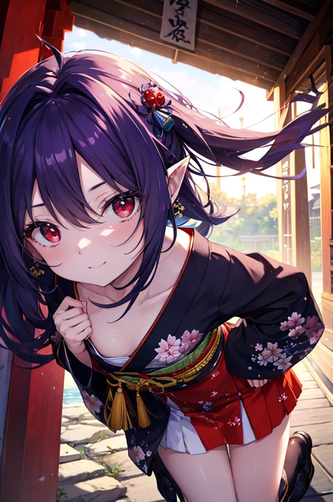 Yuki Konno, Yuki Konno, shairband, Long hair, pointy ear, Purple hair, (Red Eyes:1.5), (Small breasts:1.2), Ahoge,Animal ears,Beasttail,tying back hair,Floral hair ornament,Purple kimono,White mini skirt,knee high socks,Short boots,Happy atmosphere,both hands on hip,closes mouth,I'm smiling,In front of the torii gate,shrines,Sunrise,The sun begins to rise,Upper body, Full body,
BREAK outdoors,
BREAK (masutepiece:1.2), Best Quality, High resolution, Unity 8k壁纸, (Illustration:0.8), (Beautiful detailed eyes:1.6), extra detailed face, Perfect Lighting, extremely details CG, (Perfect hands, Perfect Anatomy),