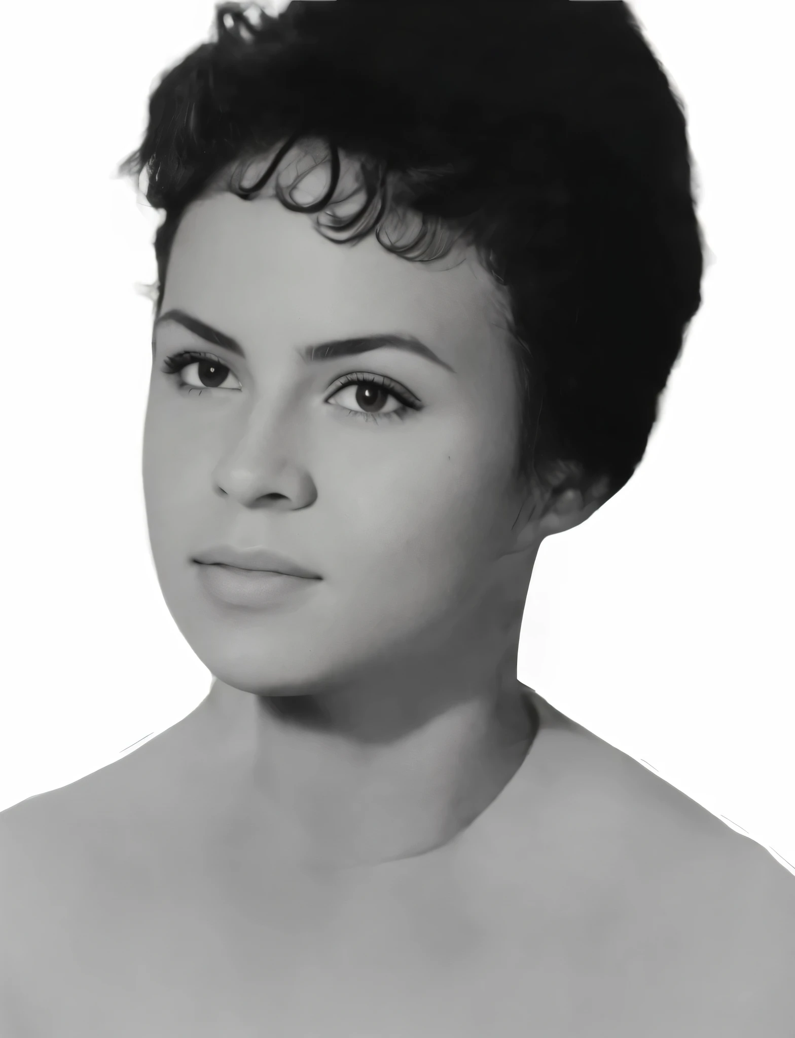 Hay una foto en blanco y negro de una mujer con el pelo corto.., Retrato de medio cuerpo de Juliana, inspired by María Helena Vieira da Silva, inspired by Márta Lacza, inspired by Judy Takács, Retrato de perfil, imagen vertical, in his early 20s, mulato, inspired by Antônio Parreiras, mujer con pelo corto y blusa blanca de cuello redondo.