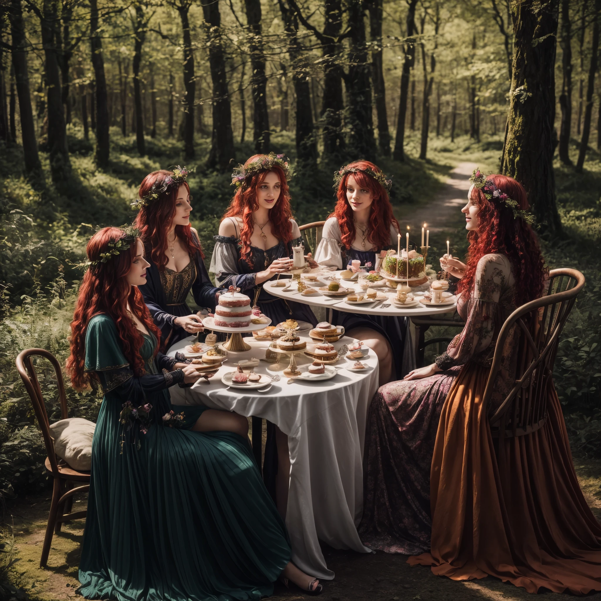 Three beautiful witches, hot, horny, sexy, with red hair, beautiful lips, flowing curly hair, wearing light flowered dresses, are sitting at a table full of cakes and sweets at a tea party, and in the background there is a surreal forest, a beautiful day, with a road of land with forests and greenery on both sides, tea party, Midsummer Style, Celebrating, Midsommar Colors Theme, Secret Society of Tea, beautiful hyperrealistic beautiful witch girls, beautifully, incredibly beautiful, photorealistic sweet witches getting together, a beautiful fantasy gathering of the sorceresses in a forest of intricate details.