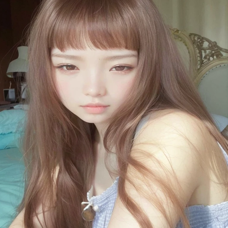 There is a young woman with long brown hair sitting on a bed, El Corte Hime, Chiho, con flequillo, pale fair skin!!, Lalisa Manobal, con cabello largo y ojos penetrantes, Peinado blanco de corte hime, neat hair con flequillo, con flequillo completo, long hair con flequillo, Shikamimi, Hermosa Delphine