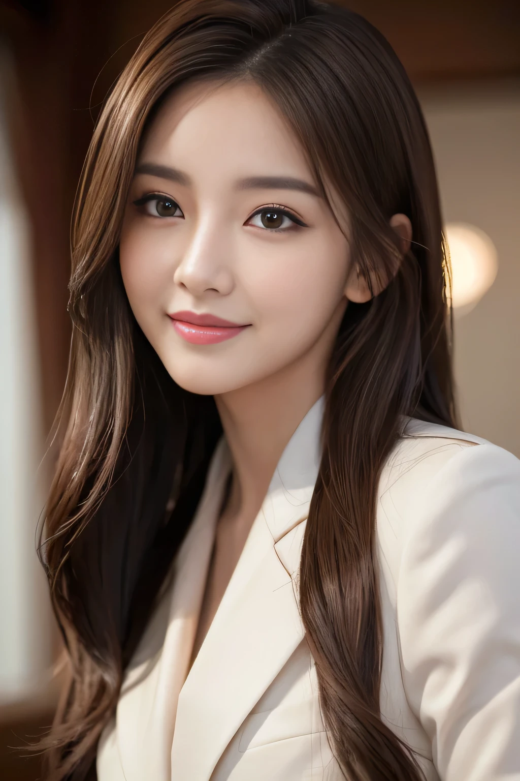 (Raw photography), (Photorealsitic), (masterpiece), (top-quality), hight resolution, 8K分辨率, (intricate detailes), (volumatic light), portlate, femele, 25-years old,Light brown long hair, Layered hair, brown haired, extremely detailed eye, Sauce order, Highly detailed eyebrows, highlydetailed skin, highly detail mouth, highly detailed nose, cute like an idol, Happy smile, ((thick lips)), ((Look at viewers)), (Classy suit)