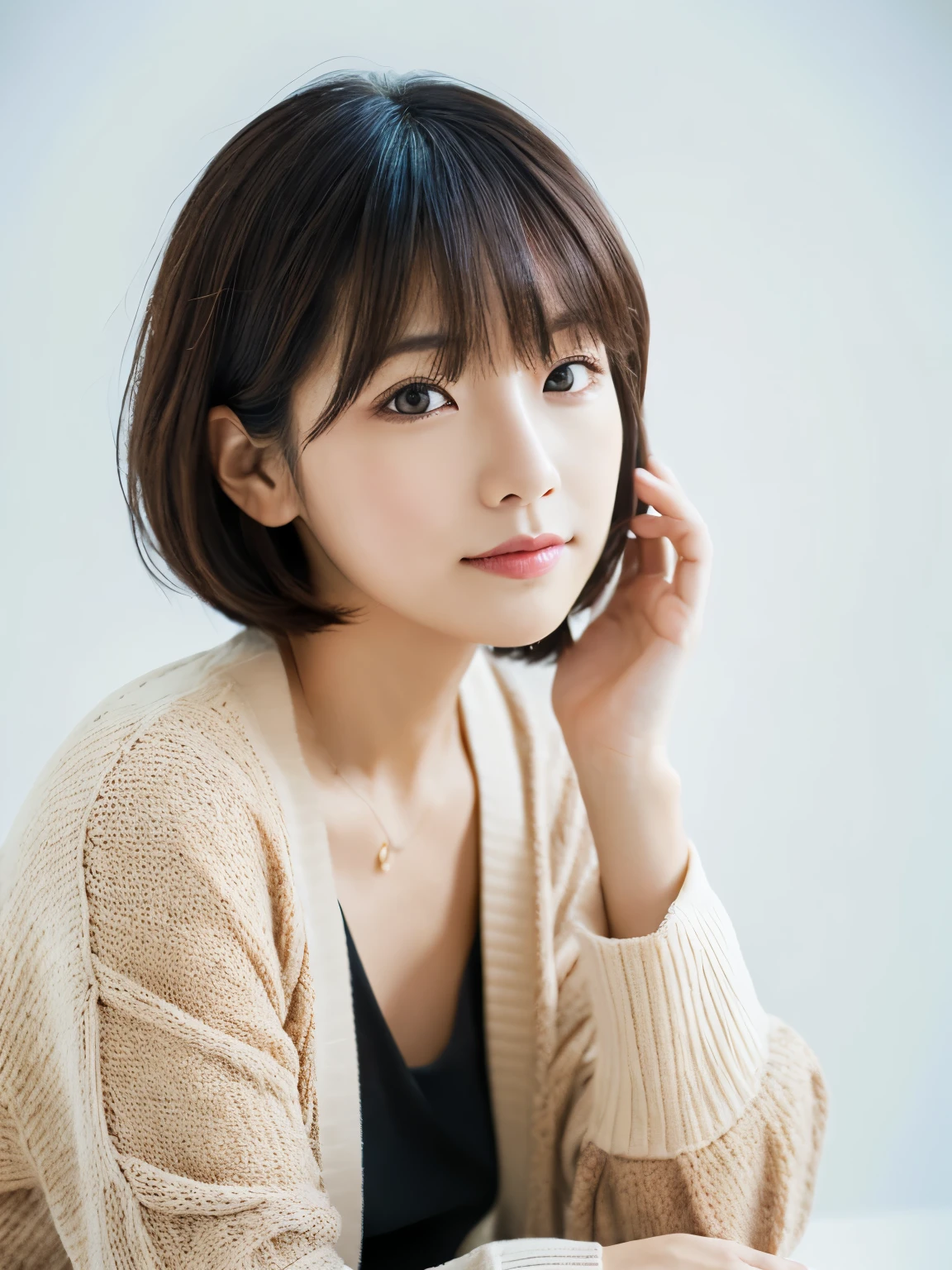 ((masutepiece,top-quality)), (photographrealistic:1.4),((masutepiece,8K)),hight resolution,Studio Soft Light, Rim Lights, vibrant detail, realistic skin textures,Japanese, 1 beautiful woman, Short hair, Wave hair, faint thin bangs, make - up, 38 years, Detailed skin, cardigan, wide-leg pants, White background, White Room,white walls, fully body photo, Looking at Viewer