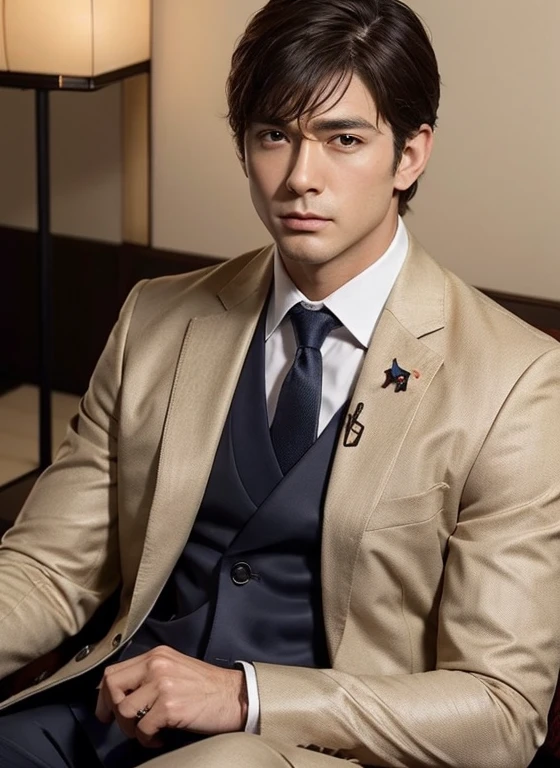 (8K、top-quality、masterpiece:1.2)、(realisitic、Photorealsitic:1.37)、Luxury Hotel Lounge、Relaxed figure、Enjoy a relaxing moment on a luxurious sofa、Bangs are down、short-haired、Slightly plump appearance、(((((((japanese male)))))))、49 years old、Beautiful suit、neck tie、、(((body shot)))、Faraway view
