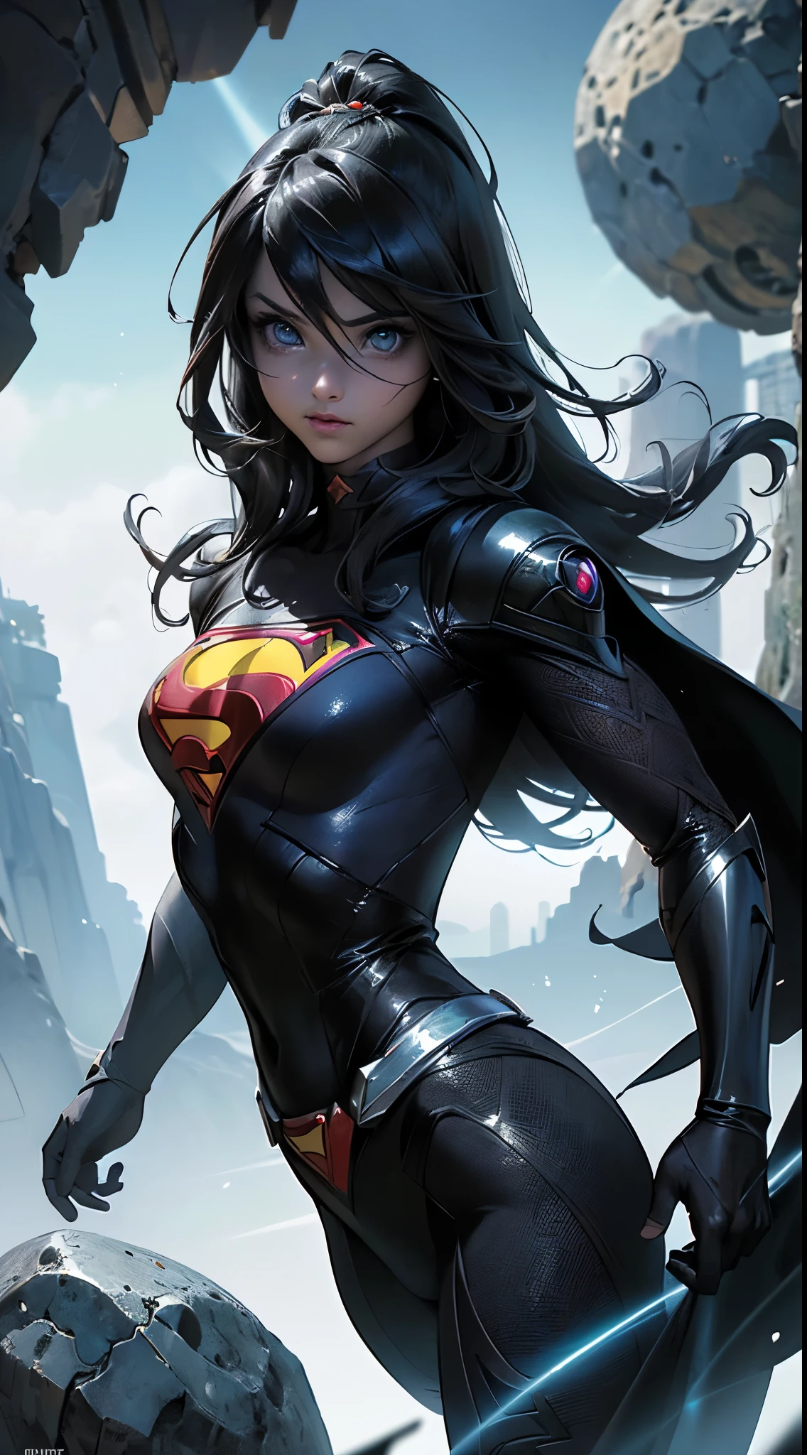 (La mejor calidad,A high resolution,Ultra - detallado,actual) ,primer plano Ariana Grande super girl de cuero negro, top amarillo, cabello largo white canoso, (alien invasion background extraterrestrial ships:1.4), (hermosos ojos azuleondo piedras grandes negro:1.4) , (pose vaquero ), (realistic) ,Arte detallado de alta calidad 8K, Fanart Mejor ArtStation, Fantasy art style , (ciborg black:1.4), (ciudad apocalyptic colors ciberpunk:1.4) , (Super man Super girl negro:1.4) , (capa larga transparente de super man negro:1.4)