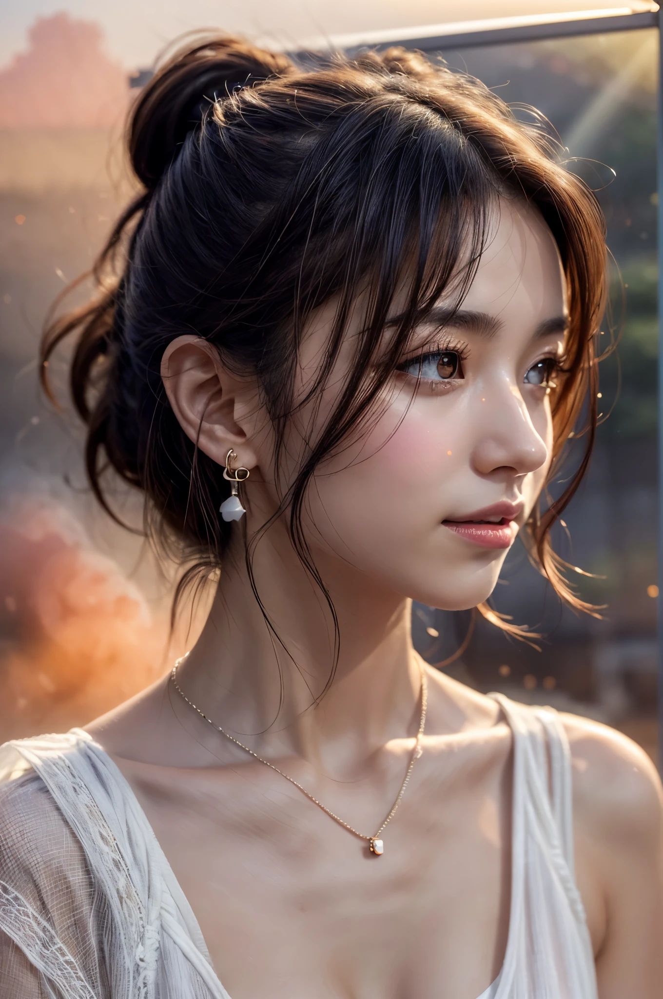 (Photoreal Stick:1.5, masutepiece:1.5, 8K), (top-quality, ​masterpiece, 超A high resolution), ((Shoot with blur:1.6)), ((fog the lens:1.6)), ((reflect light onto the lens:1.6)), ((sunrises, Sunlight coming in ???????????:1.7, The sunlight of the morning sun spreads across the screen:1.7)), ((The entire screen appears white and hazy:1.6)), ((Women look hazy in bright light:1.9)), Face Sharp Focus:1.3, Professional camera work:1.3, Highly detailed skin and facial texture:1.3, Grow Light Effect, The ultra-detailliert:1.3, 1girl in, Fair skin, (Sense of clarity:1.4, a small face), Extremely beautiful face:1.5, (Sense of clarityを感じる目:0.9, looking distantly), a smile:1.0, i love you completely:0.8, (Slightly open mouth:0.4, Sense of clarityを感じる口当たり:0.7), 二重まぶた, Dark brown medium hair, necklace and earrings