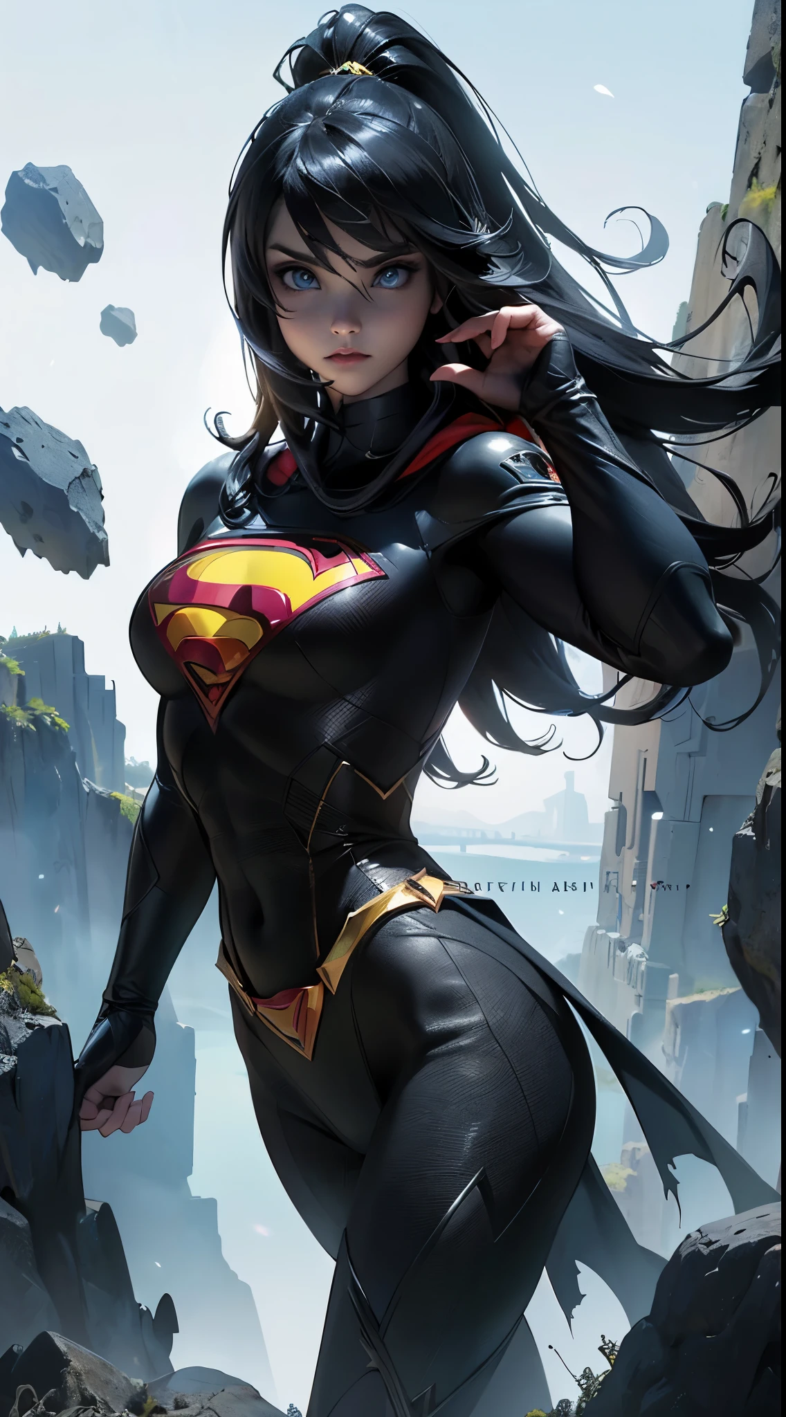 (La mejor calidad,A high resolution,Ultra - detallado,actual) ,primer plano Ariana Grande super girl de cuero negro, top amarillo, cabello largo white canoso, (alien invasion background extraterrestrial ships:1.4), (hermosos ojos azuleondo piedras grandes negro:1.4) , (pose vaquero ), (realistic) ,Arte detallado de alta calidad 8K, Fanart Mejor ArtStation, Fantasy art style , (ciborg black:1.4), (ciudad apocalyptic colors ciberpunk:1.4) , (Super man Super girl negro:1.4) , (capa larga transparente de super man negro:1.4)