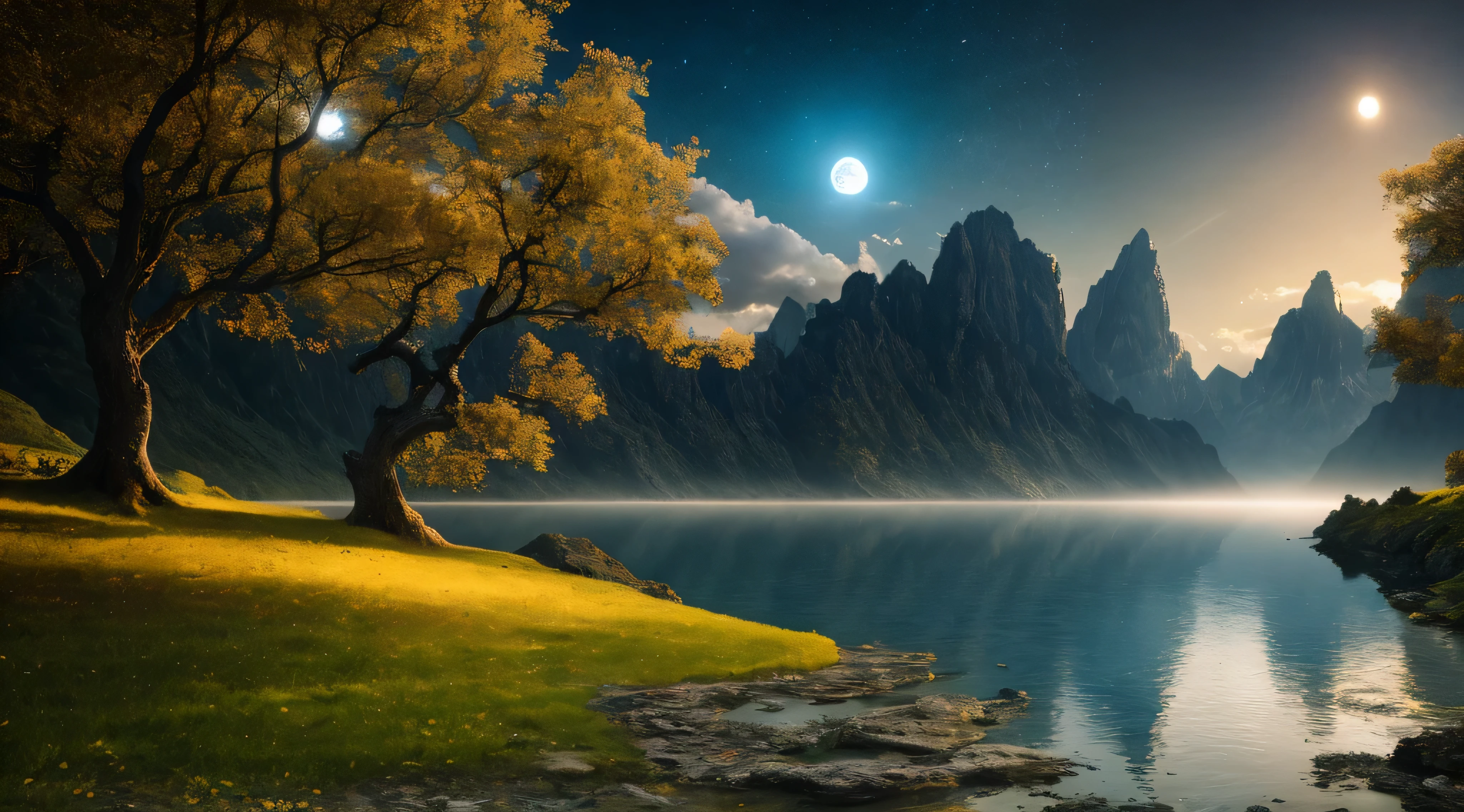 tmasterpiece, Best quality, high high quality, The content is very detailed CG unity 8k wallpaper, Outdoor sports, sky sky, cloud, natta, without humans, Monte, 一座中国式的宫殿坐落在Monte坡上, rays of moonlight, Movie images, The landscape, Eau, that tree, dark sky sky, Eaufall, precipice, natural, lake, 洪Eau, cloudy sky sky,award winning photography, bokeh, depth of fields, HighDynamicRange, full bloom, color difference ,realistically,The content is very detailed, Hot topics on artstation, CGsociety trends, iintricate, high detal, theatrical, halfway art