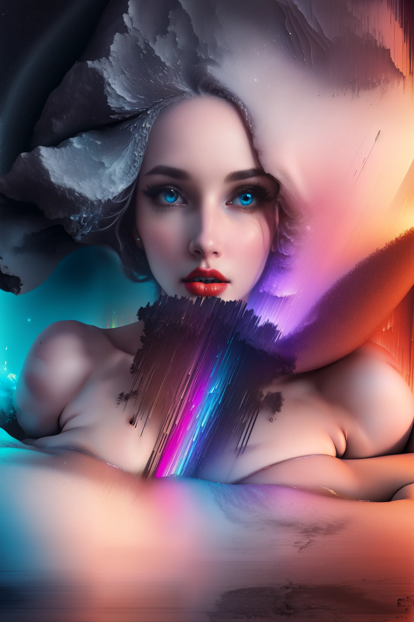 pixel sorting, very pretty girl emerged in eternal tera stream of everlasting data flowing through infinite light dispersion loop in the world of chaotic undulation optical illusions, celestial outerworld, lut, hdr, dramatic light, digital art, redshift render, raytraced image, behance hd