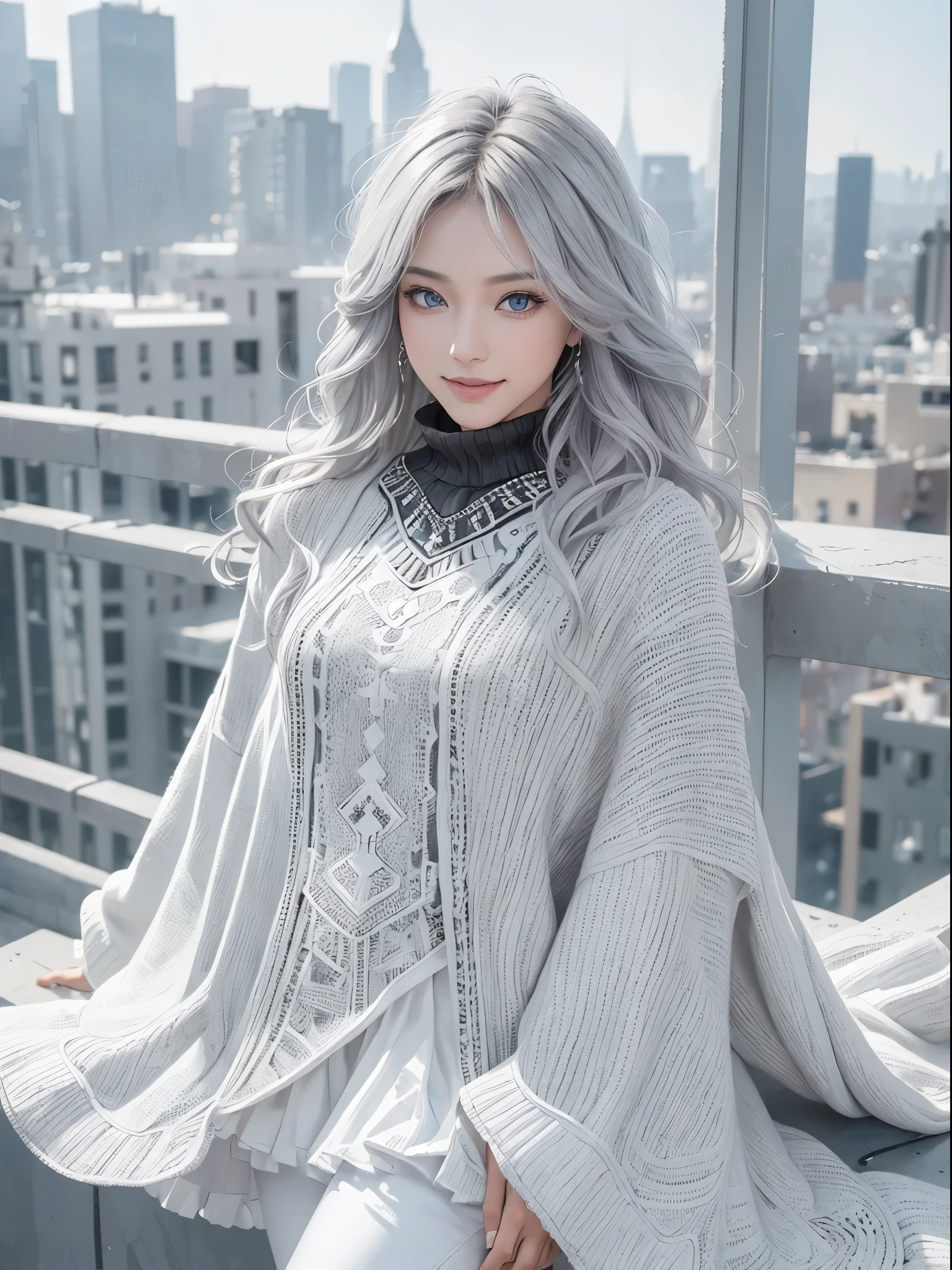 (Realistic:1.8), (Digital art:0.2), (Geometric art:1.7),(agpi official art, beautiful and aesthetic, ultra detailed, beautiful, masterpiece, best quality:1.6), (1girl:1.2), Detailed face, Detailed eyes, Detailed hair, young fingers, Detailed fingers, five fingerREAK cute ig model, Japanese cute model, 22 years old, Tightened all body, small head, small face, small mouth, diamond Face, small nose, Sharp Faceline, (dropy eyes, Double eyelid, Light color eyes, Glossy eyes, Shiny eyes:1.2), Shiny skin, shiny hair, (gray hair:1.2),
_
BREAK (happy, smile, Teeth, Glossy Lip:1.2),beautiful Teeth, (upper body:1.5), sitting, from front,
_
BACKGROUND
(gray urban cityscape with soft lights:1.3)BREAK
POSE
(standing gracefully with arms slightly extended:1.2)BREAK
CAMERA ANGLE
(angled slightly from above, capturing the flowing lines of the poncho:1.2)BREAK
OUTFIT
(fusion of black and white poncho with intricate geometric patterns:1.2), (black skinny jeans:1.1), (ankle boots with subtle pattern details:1.1), (minimalistic silver accessories:1.1)BREAK