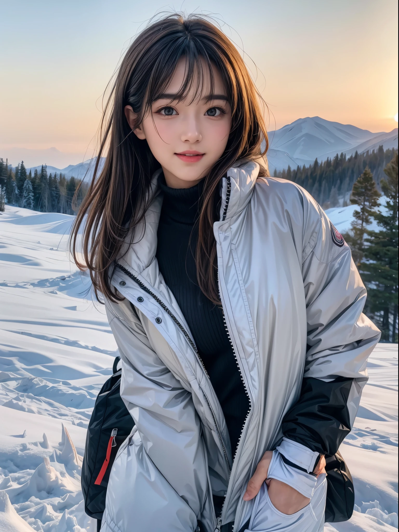 Masterpiece level，best picture quality，Ultra-clear resolution，Realistic Details（fidelity：1.4） CG works，1girle，Winter snow，（Long pink down jacket：1.6），（The face is a little rosy：1.2），Long Black Hair，Black eyes，hands in pockets，Look at the audience affectionately，There are a few snowflakes in the sky，Winter with clear skies，full-body photo， girl，smile,，shy