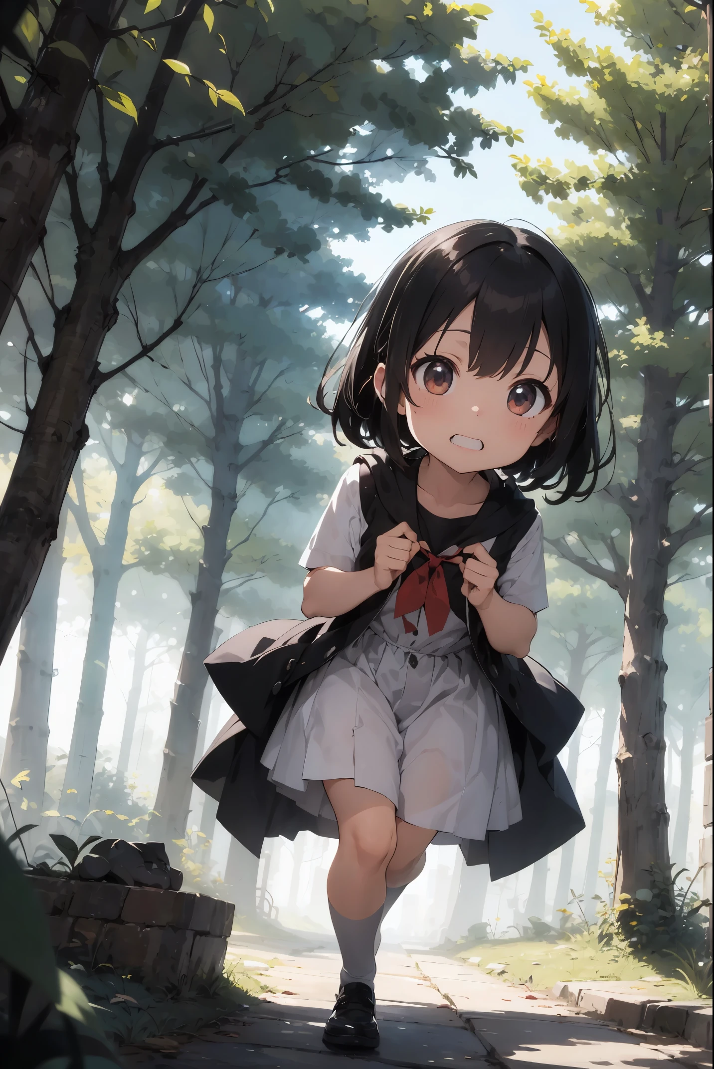 masterwork、Absolute resolution、Super high quality、Superbly crafted backgrounds with great detail and depth、16kwall-paper、Haisole、Background painting、ln the forest、fairy forest、Fantastical、absurderes、圧倒的なabsurderes、destruction、particles floating、foggy、natural soft light 、cute little、Chibi