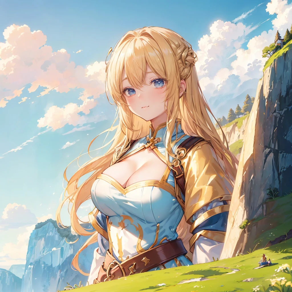 a giantess looming over a tiny army on a tiny cliff, a giantess looking down at a tiny army on a tiny cliff, (a giantess in front of tiny army from above on a tiny cliff: 1.5), (giantess looming over an army from above on a tiny cliff), (many tiny armies: 1.4), (tiny fortress background), (giantess:1.4), shimmering blonde hair, (tiny crowds on a cliff:1.5), (rear fantasy, very detailed, beautiful, professionally drawn, huge breasts, cleavage, (:3:1.1), happy, (excited:1.1), (crowds:1.5), huge breasts, cleavage