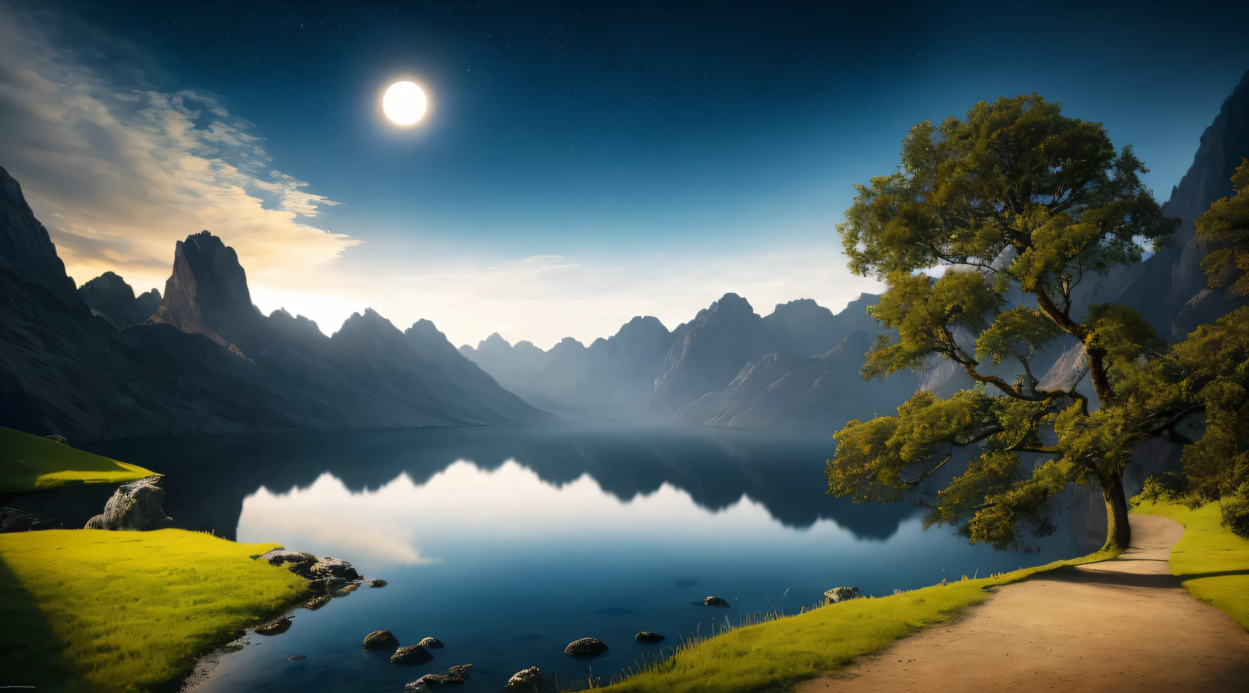 tmasterpiece, Best quality, high high quality, The content is very detailed CG unity 8k wallpaper, Outdoor sports, sky sky, cloud, natta, without humans, Monte, 一座中国式的宫殿坐落在Monte坡上, rays of moonlight, Movie images, The landscape, Eau, that tree, dark sky sky, Eaufall, precipice, natural, lake, 洪Eau, cloudy sky sky,award winning photography, bokeh, depth of fields, HighDynamicRange, full bloom, color difference ,realistically,The content is very detailed, Hot topics on artstation, CGsociety trends, iintricate, high detal, theatrical, halfway art
