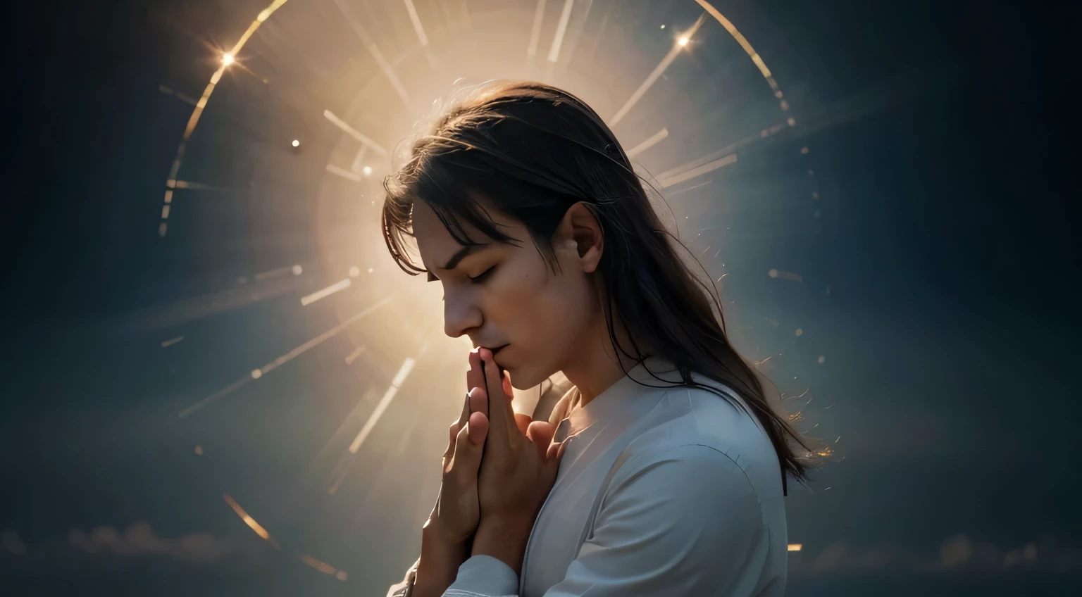create a visual representation of A MAN praying in high definition.
The image should capture the serenity and compassion associated with Him.
Use soft colors and realistic details to convey a sense of peace and love.
Consider including symbolic elements such as a halo of light or a celestial background to emphasize your divinity Ensure the generated image has a minimum resolution of 1920x1080 pixels to ensure high quality."