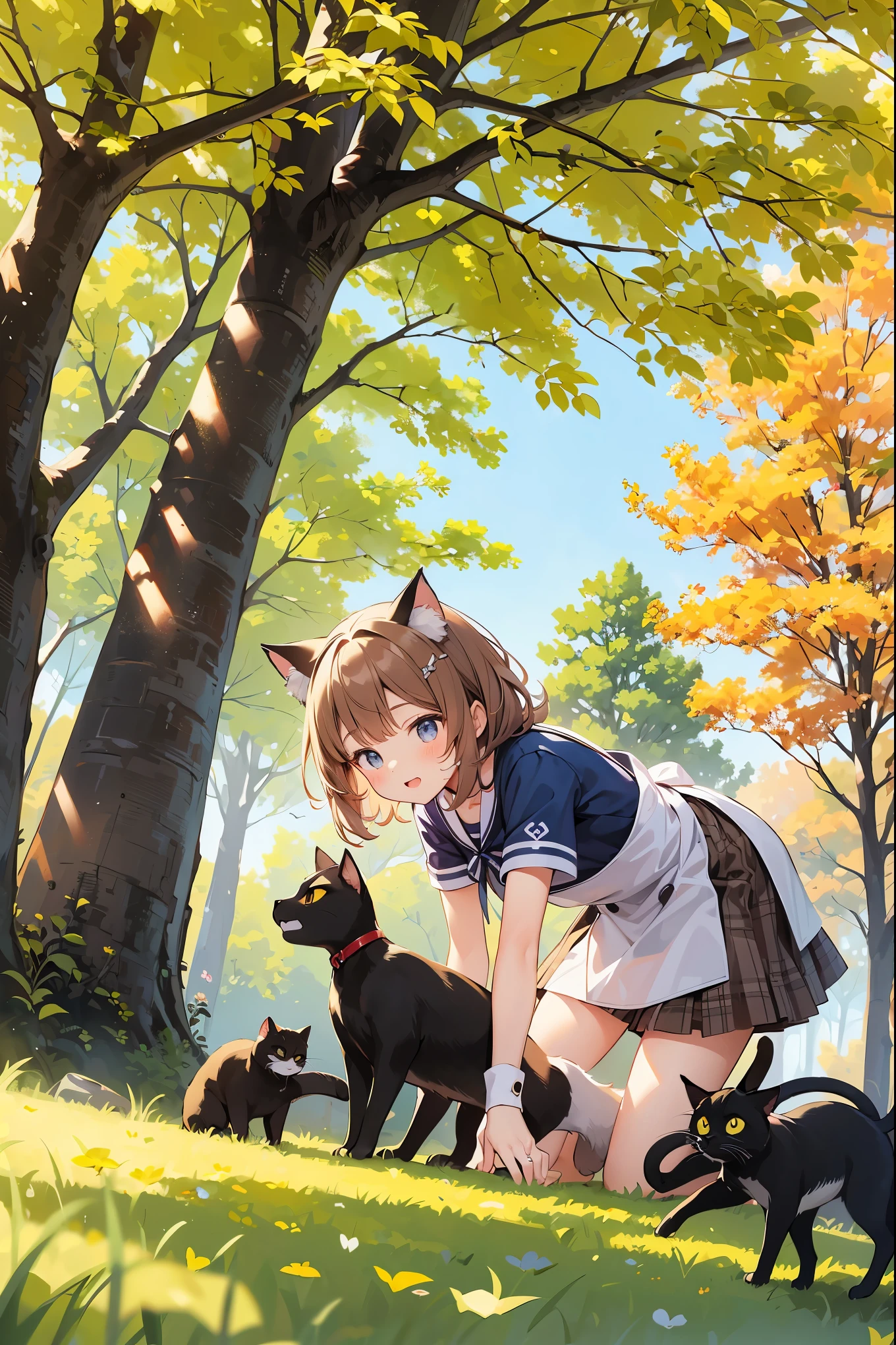 Absurd, Absolute Resolution, Incredibly Absurd, Superb Quality, Super Detail, Official Art, unity 8k wallpaper
BREAK.
Little, cat, young child with cat ears, cute, staring,
BREAK
This illustration shows a little girl wearing a cat ear catsuit and a little black cat playing with each other on the leaf-strewn ground of a park in autumn, imitating each other's movements. The girl's hair is curly and auburn, and she is on all fours, mimicking the cat's movements. Her clothes are in autumnal shades, with an orange and yellow striped top and a brown skirt. Both the cat's and the girl's expressions show their interest and enjoyment of the moment. In the distance, one can see colorful trees and park playground equipment."
