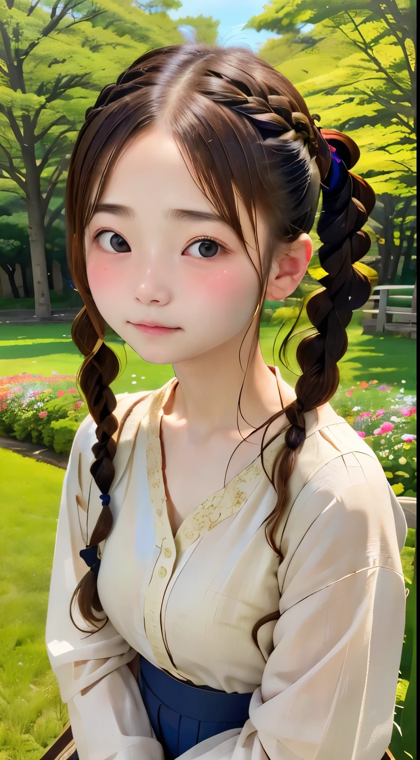 raw、Real Stick、Live-action adaptation、cute girls exist、Blouse、loose braided pigtails、、Natural look、a park、flowerbed、colorful flower、shorth hair、top-quality、ultra-detailliert、、masuter piece:1.3、8k