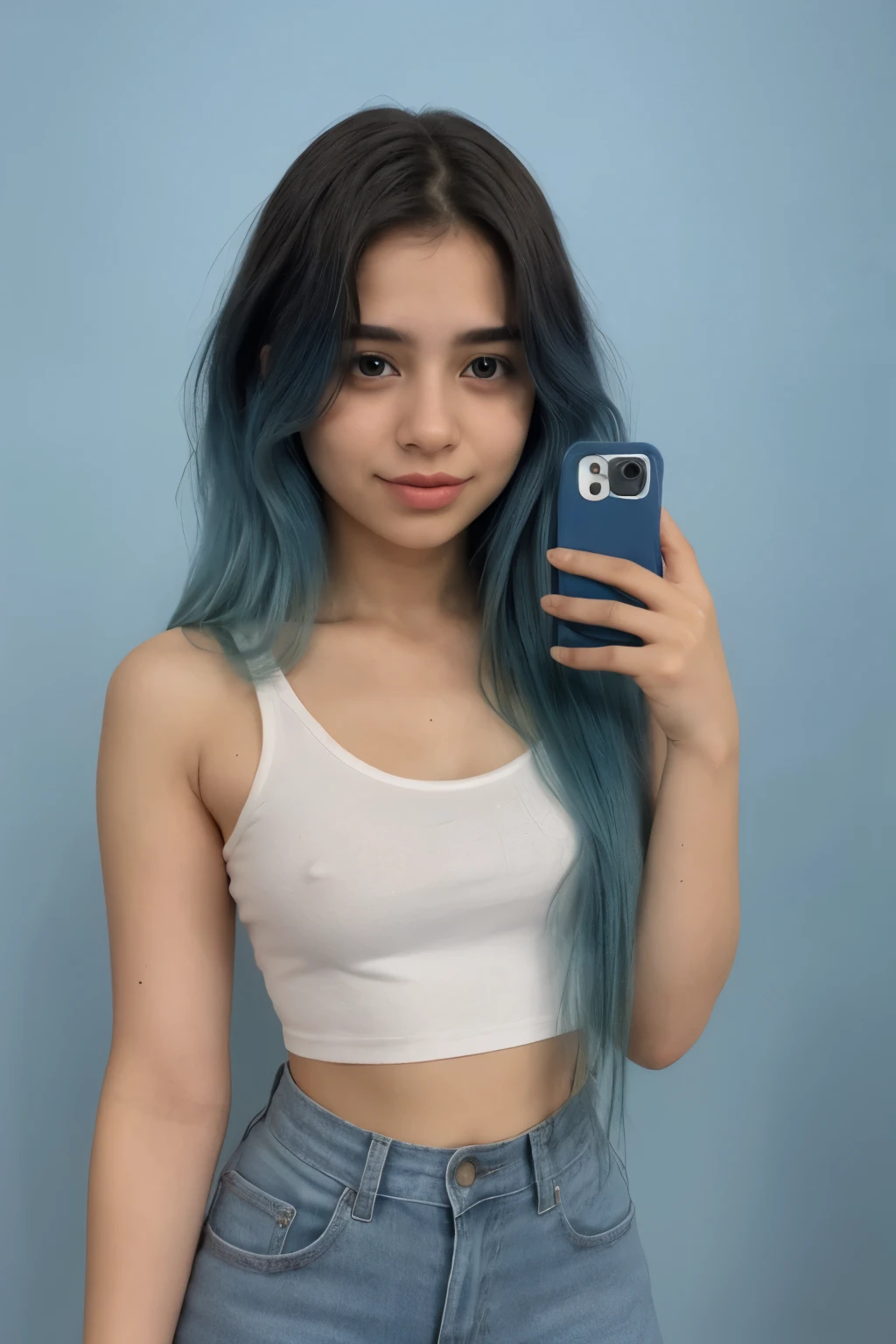 Uma de cabelo azul olhando para o seu telefone
