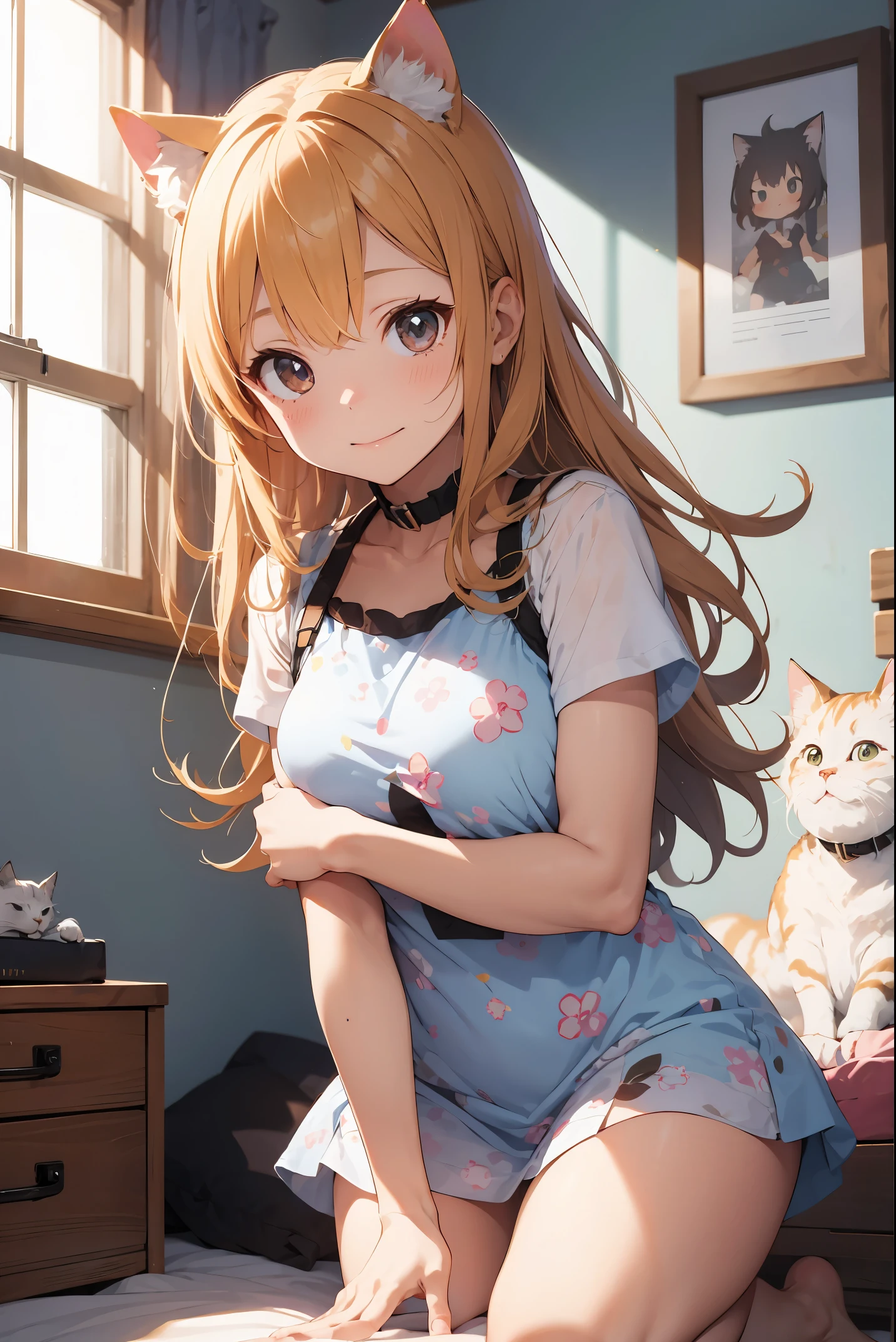 Absurd, Absolute Resolution, Incredibly Absurd, Superb Quality, Super Detail, Official Art, unity 8k wallpaper
BREAK.
Little, cat, young child with cat ears, cute, staring,
BREAK
'An illustration of a scene in a warm, sunlit room where a little girl with cat ears and a kitten with soft brown fur are playing and staring at each other. The girl has blonde hair and large eyes, about the same size as the cat. She is dressed in a colorful floral one-piece dress, smiling innocently and gently patting the cat with her small hands. Scattered in the background are bright, colorful toys and cushions that look like they came out of a children's storybook."