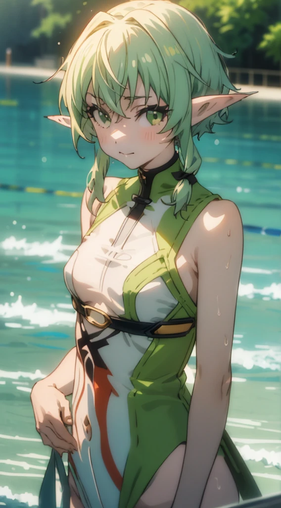 Best Quality, (masutepiece:1.2), Detailed,
1girl in, Solo, Closed mouth, A slight smil，pointy ear,
Green hair,Short hair, Short hair with long locks, School swim wear，lake，水遊び
Standing, Looking at the viewer,
Outdoors, (((Standing, Upper body))), NSFW