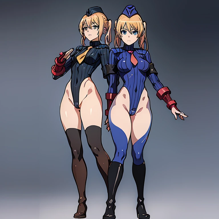 ultra-detailed, Explicit, Beautiful body, Beautiful Nose, Beautiful character design, perfect eyes, perfect face, ultra highres, 4K, beautiful legs, perfect legs, Nice hands, Perfect hand, Masterpiece, Best Quality, Highly detailed, illustration, absurdres, street fighter, doll suit, shadaloo doll, dollsuit, expressionless, blank eyes, looking at viewer, red gloves, emotionless, black latex, corrution, mind control, female combatant, full body, hypnotized, unhappy trance, full body suit, ribbed bodysuit, both arms at side, obey, perfect female body, extremely glossy latex, hypnosis, hypnoLora, empty eyes, Mind control device, poses, submissive_pose, Slave, hat, necktie, stand up straight, standing, standing at attention, hat, necktie, belt, latex, ribbed bodysuit, thighhighs, garter belt, Fighting Stance, extending the right arm from the shoulder into the air with a straightened hand, nazi saluting, military, military saluting, salute, thigh boots, 1girl, Homare Onishima, Sounan desu ka? / Are You Lost?, blonde hair, twin tails, short hair, blue eyes