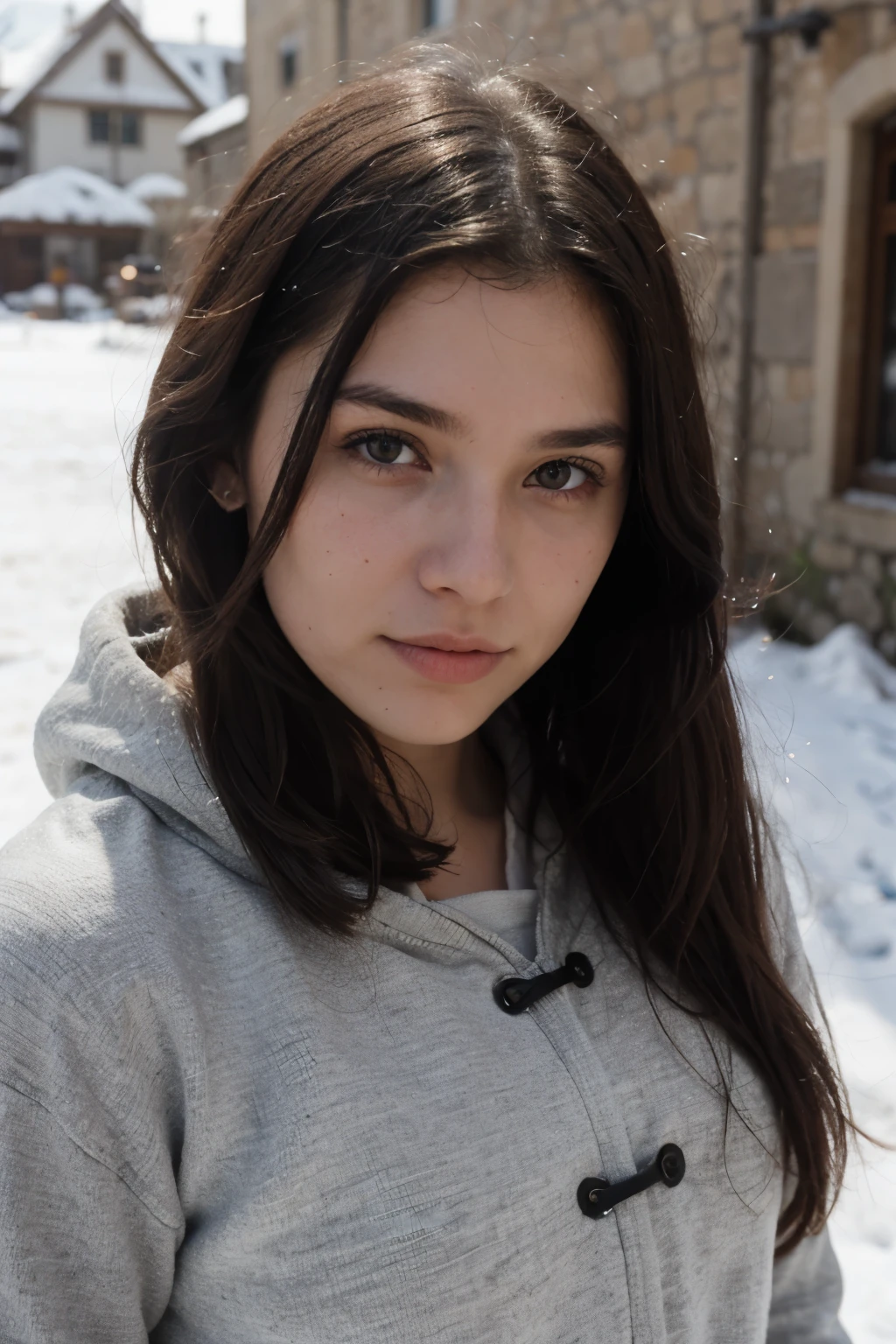 ((best quality)), ((masterpiece)), (detailed), perfect face a petite girl wearing a tight purle lowcut dress in the snow shot from above looking confused at the camera. Ibtc