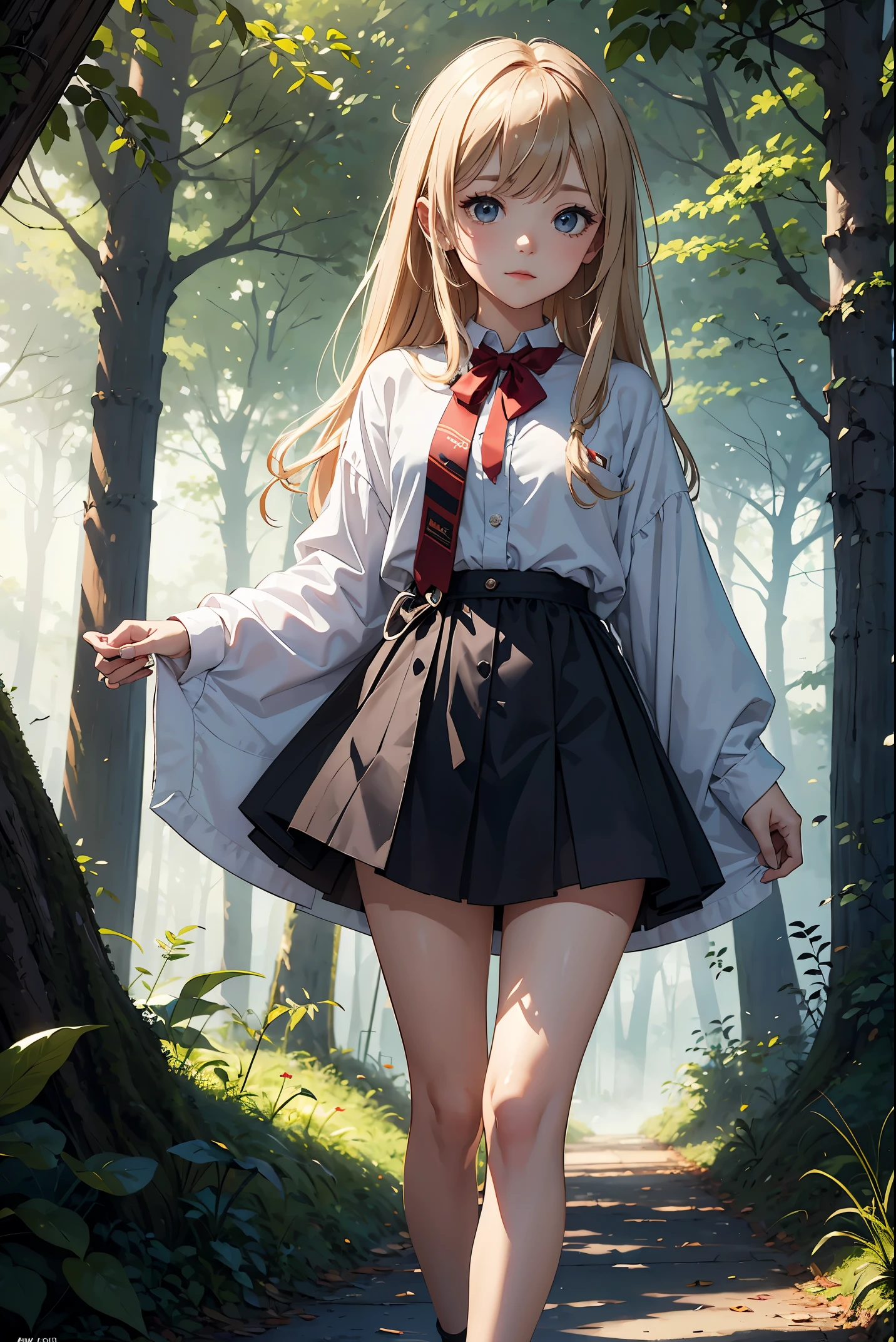 masterwork、Absolute resolution、Super high quality、Superbly crafted backgrounds with great detail and depth、１６ｋwall-paper、Haisole、Background painting、ln the forest、fairy forest、Fantastical、absurderes、圧倒的なabsurderes、destruction、particles floating、foggy、natural soft light 、cute little、Chibi