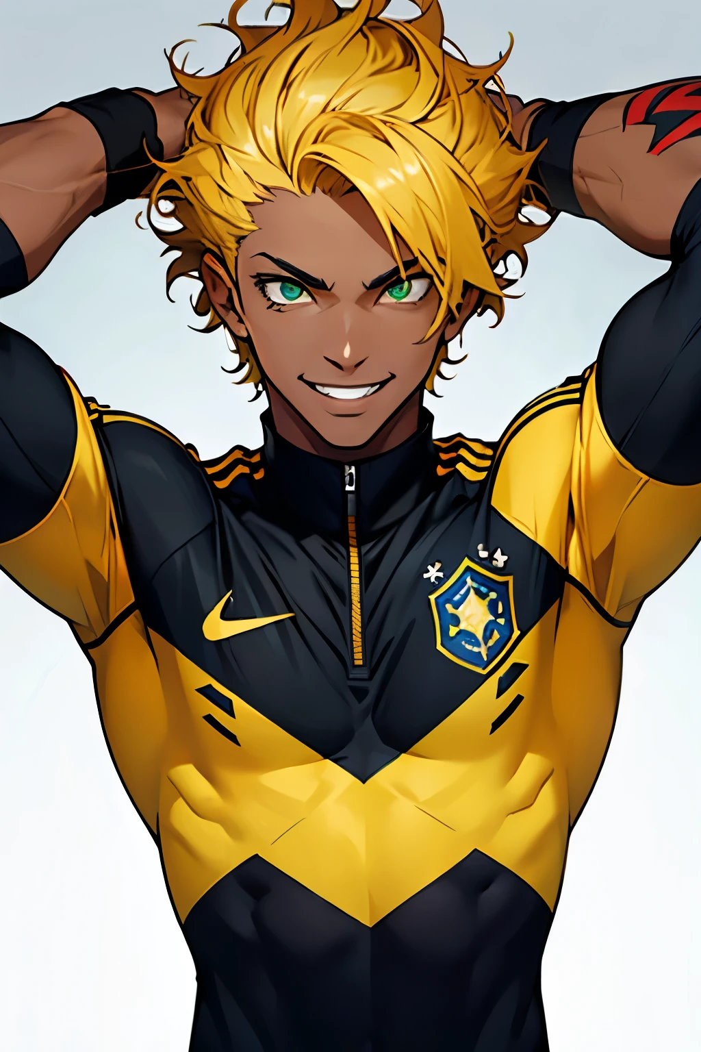 Black young man, black and yellow hair, soccer player uniform, smile, Tall, Beautiful green eyes, short hair, curly hair, arm tattoo, evil eyes, evil smile, beautiful eyes, Brazil