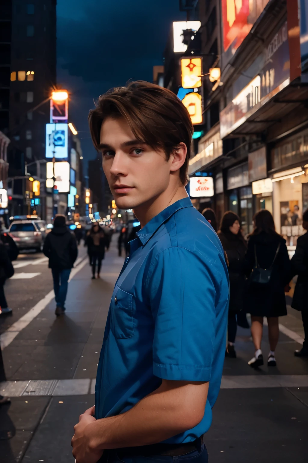 guy with brown hair, bright blue eyes, a perfect jawline, and perfect face proportions, standing in New York City at night