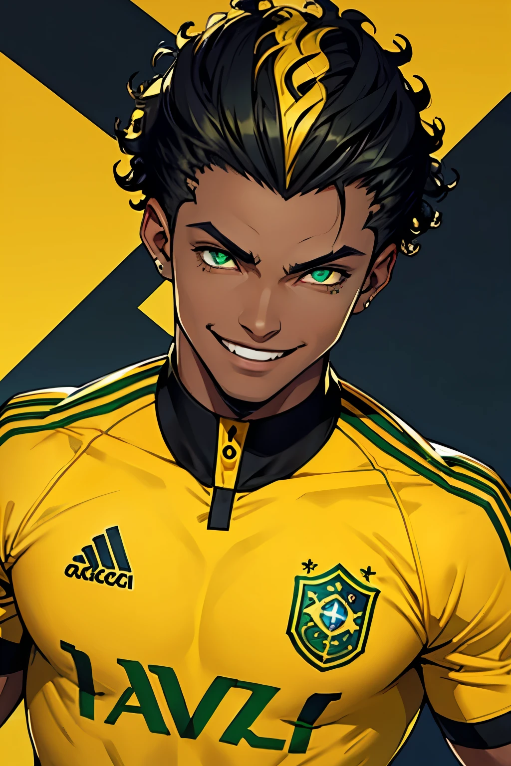 Black young man, black and yellow hair, soccer player uniform, smile, Tall, Beautiful green eyes, short hair, curly hair, arm tattoo, evil eyes, evil smile, beautiful eyes, Brazil