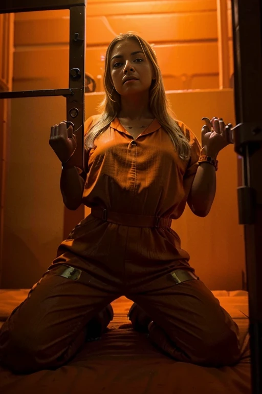 Instagram model, ultra realistic, blonde, tanned, perfect body, perfect face, kneeling on bed, inmate, dark lighting, (((prison cell))), (((orange prison jumpsuit))), ((((handcuffs)))), (((view from below))), horny face