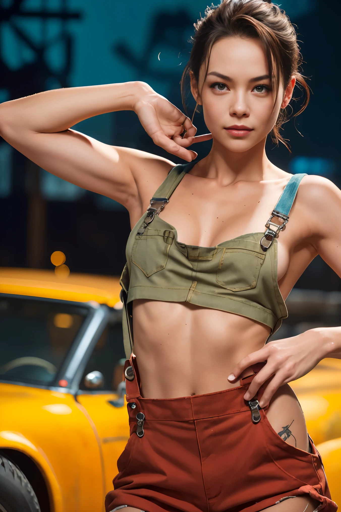 A sexy female mechanic, sexy torn mechanic overalls, topless, bare midriff, pin-up aesthetic, high detail face, high detail skin, 8, HDR, high resolution, photo-realistic, cinematic lighting, depth of field, bokeh, rim lighting, backlit, cool colours, night