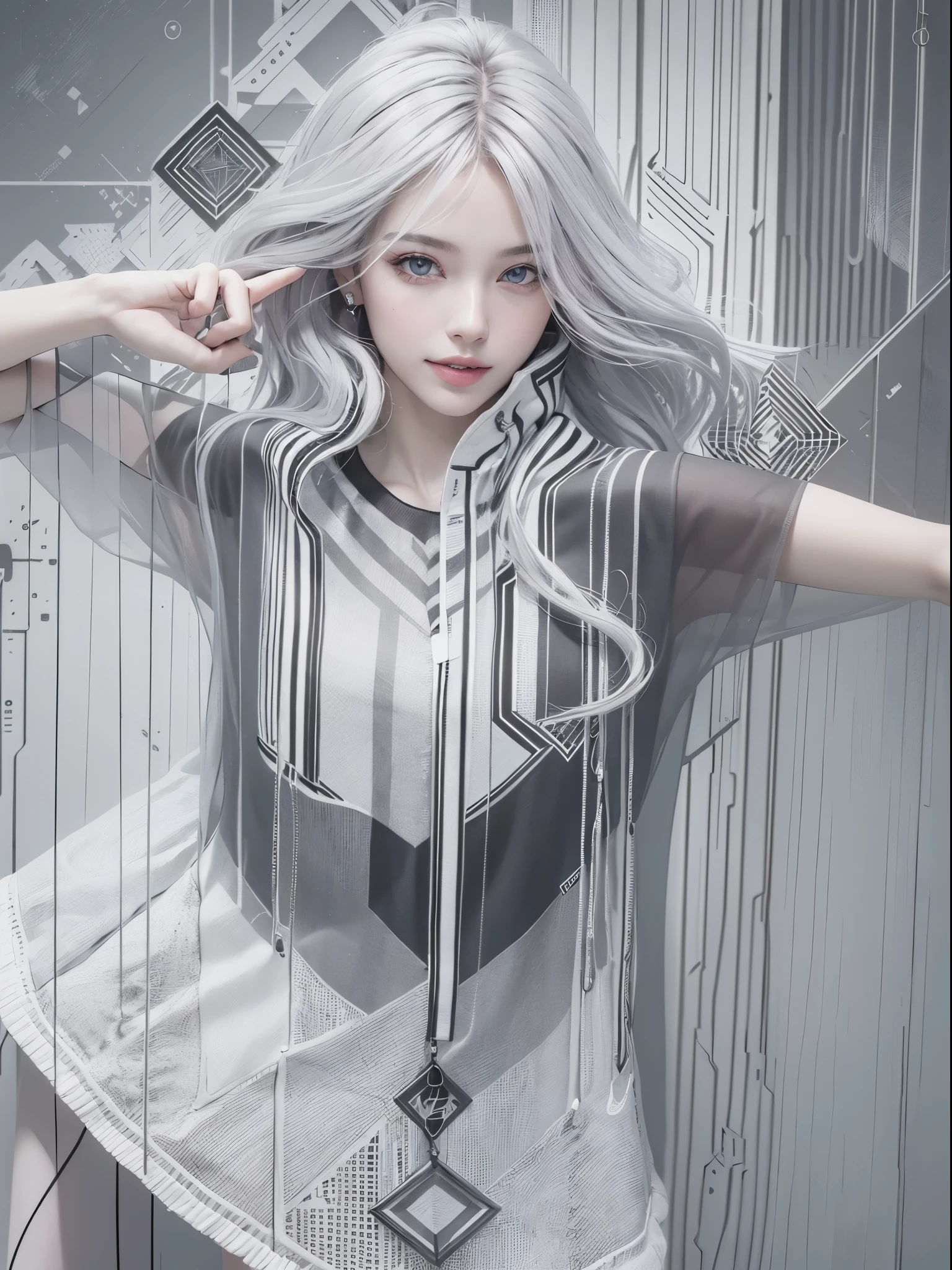 (Realistic:1.8), (Digital art:0.2), (Geometric art:1.7),(agpi official art, beautiful and aesthetic, ultra detailed, beautiful, masterpiece, best quality:1.6), (1girl:1.2), Detailed face, Detailed eyes, Detailed hair, young fingers, Detailed fingers, five fingerREAK cute ig model, Japanese cute model, 22 years old, Tightened all body, small head, small face, small mouth, diamond Face, small nose, Sharp Faceline, (dropy eyes, Double eyelid, Light color eyes, Glossy eyes, Shiny eyes:1.2), Shiny skin, shiny hair, (gray hair:1.2),
_
BREAK (happy, smile, Teeth, Glossy Lip:1.2),beautiful Teeth, (upper body:1.5), sitting, from front,
_
BACKGROUND
(gray urban cityscape with soft lights:1.3)BREAK
POSE
(standing gracefully with arms slightly extended:1.2)BREAK
CAMERA ANGLE
(angled slightly from above, capturing the flowing lines of the poncho:1.2)BREAK
OUTFIT
(fusion of black and white poncho with intricate geometric patterns:1.2), (black skinny jeans:1.1), (ankle boots with subtle pattern details:1.1), (minimalistic silver accessories:1.1)BREAK