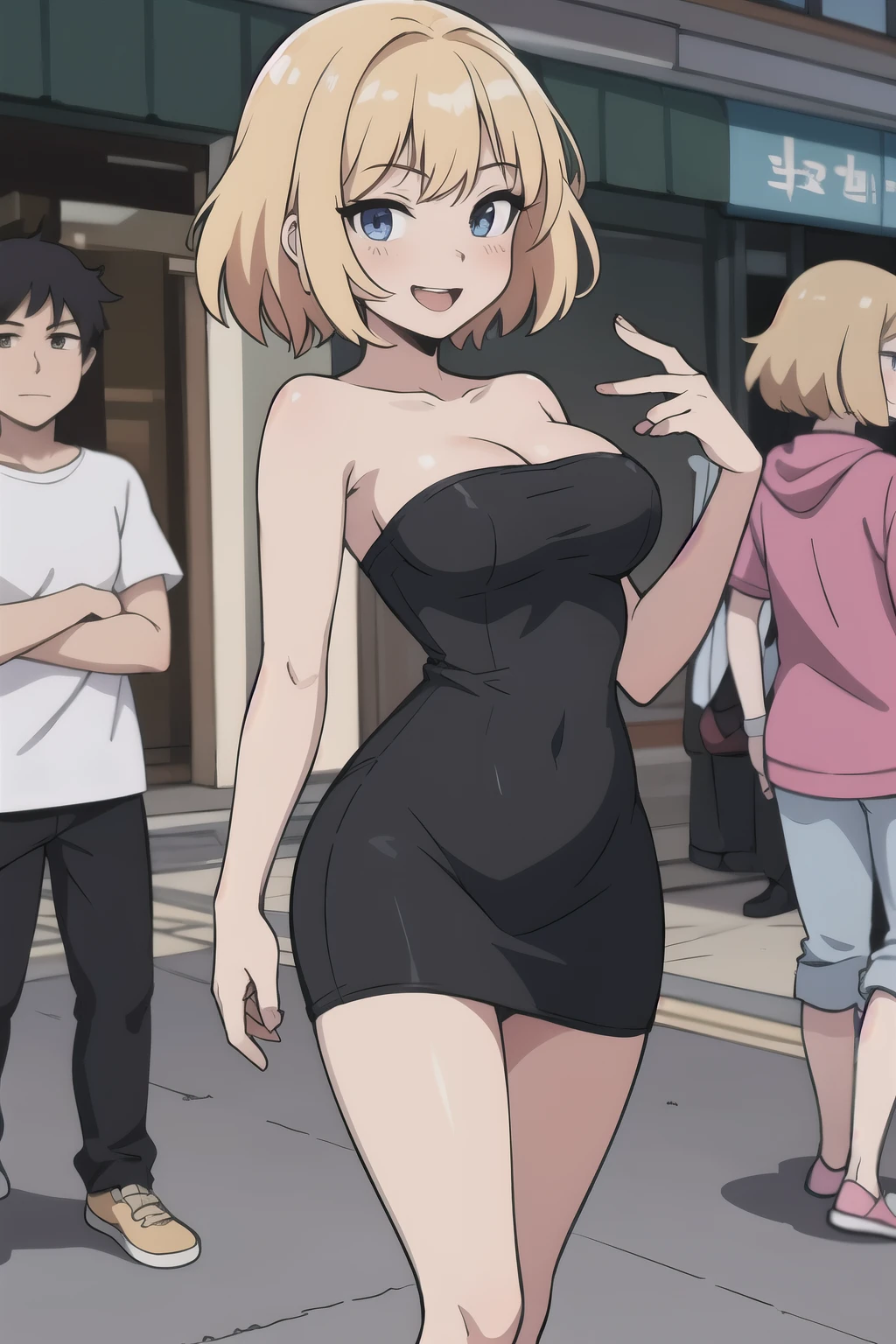 Young woman 18 years: 1.3, Short blonde hair: 1.2, Tall: 1.2, Occupation: 1.2, Daytime: 1.2, On the street: 1.2, Film lighting, Best quality, 8k, short black dress, strapless black dress, bare shoulders, bare arms, large breasts ((anime strokes)) Korean girl, seductive look, sexy, open mouth and smiling ((medium breasts)) (best quality)