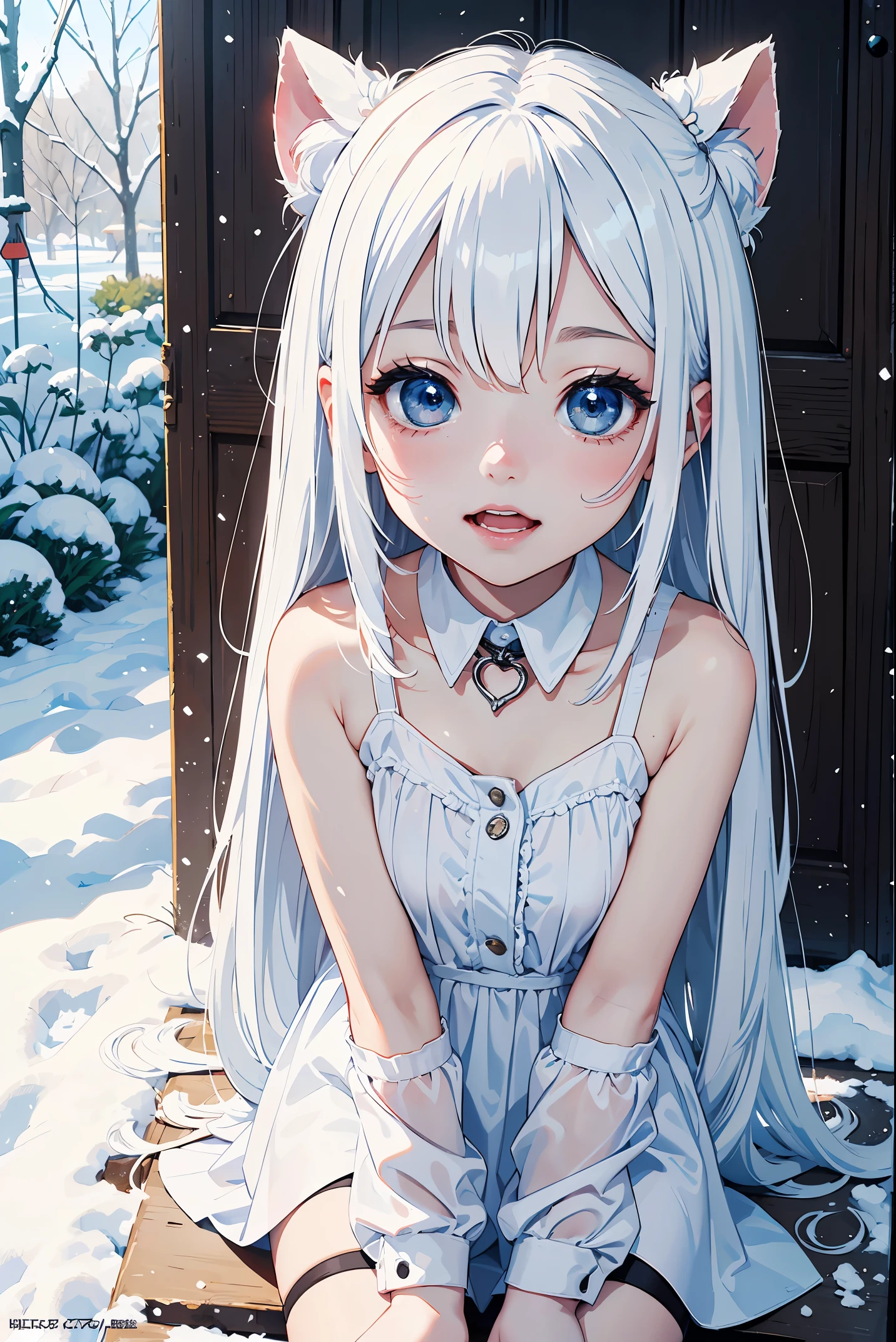 8K, Ultra High Definition, Super detailed, Shiny detailed hair, detailed face, fantasy landscape, solo, looking at viewer, {{best quality}}, {{masterpiece}}, {{ultra-detailed}}, {detailed light}, ultra high quality eyes, detailed eyes, perfect eyes, large eyes, detailed blue eyes, white hair, long hair, beautiful, skinny body, white skin, slutty, erotic, blushing, ahegao, standing in suggestive pose