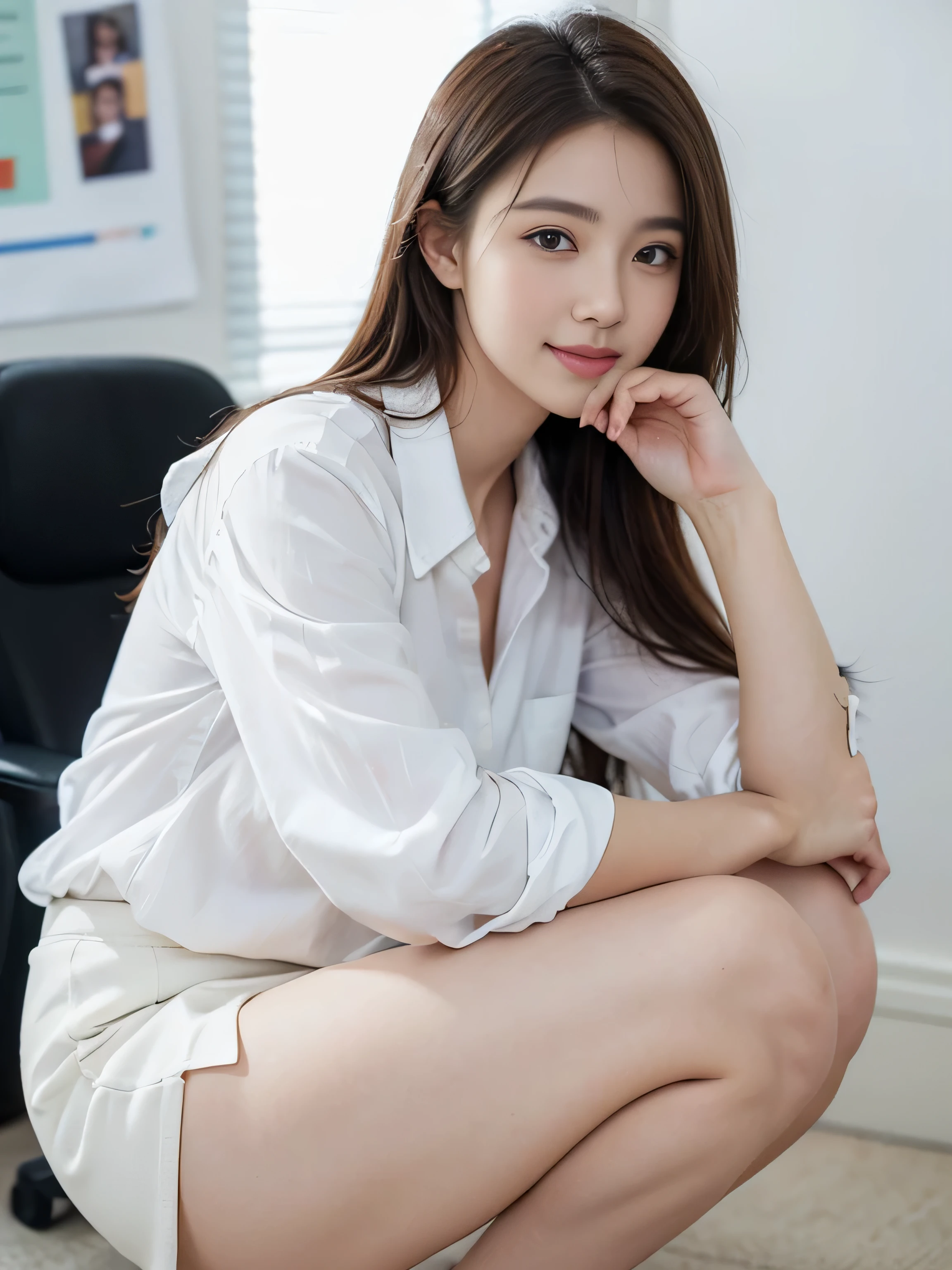 (8K high image quality), (top-quality), (RAW image quality),(masutepiece:1.2), (Realistic), (Photorealistic:1.37), largeeyes,long eyelasher,Precise action and realistic style）,The Ultimate Face,Photorealistic, Light and shadow,Clear facial features,milky skin,Fair skin, highdetailskin,Realistic skin details,Visible Pore,（Super Detail）,Hair length is random, （Flowing hair）,Best portraits,Shooting from a distance, Only one girl, Cute,Beautiful detailed eyes, beautiful detailed nose, highlydetailed skin) ,(Beautiful face with double eyelids), (Realism: 1.4),,delicate and beautiful face,,25-years old,(Beautiful Face 1.4),A slender, (In an office lady&#39;Shirts and skirts:1.2),((In the office of the company)),,Natural smile,(,Looks fun),Medium Hair,,((In an office lady&#39;Shirts and skirts)),Very beautiful legs,(((squatting on viewer))),((Smile at your audience)),The color of the panties is white,Very attractive smile,Sit with both knees upright,((Squatting down to show off her white panties)),(((Squats with legs slightly spread apart))),Gesture of putting a hand on the cheek