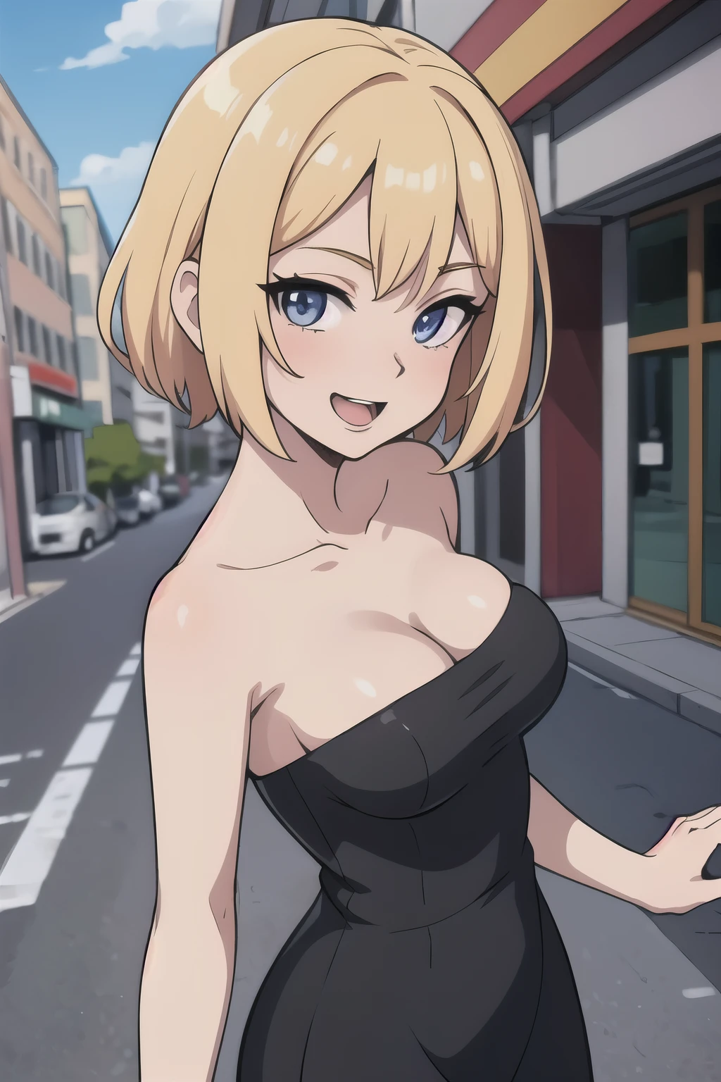 Young woman 18 years: 1.3, Short blonde hair: 1.2, Tall: 1.2, Occupation: 1.2, Daytime: 1.2, On the street: 1.2, Film lighting, Best quality, 8k, short black dress, strapless black dress, bare shoulders, bare arms, large breasts ((anime strokes)) Korean girl, seductive look, sexy, open mouth and smiling ((medium breasts)) (best quality)