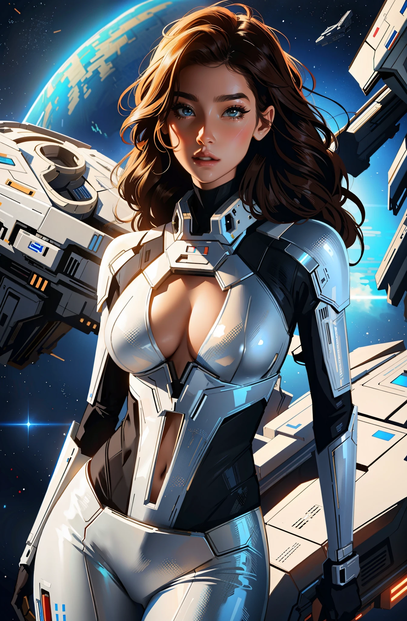 sexy woman in star wars costume posing in front of a spaceship, transparent suit, cutesexyrobutts, scifi woman, digital painting, beautiful digital artwork,